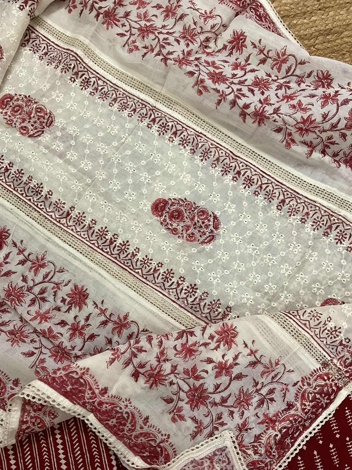 Pure Cotton Printed Embroidered Suit - Maroon