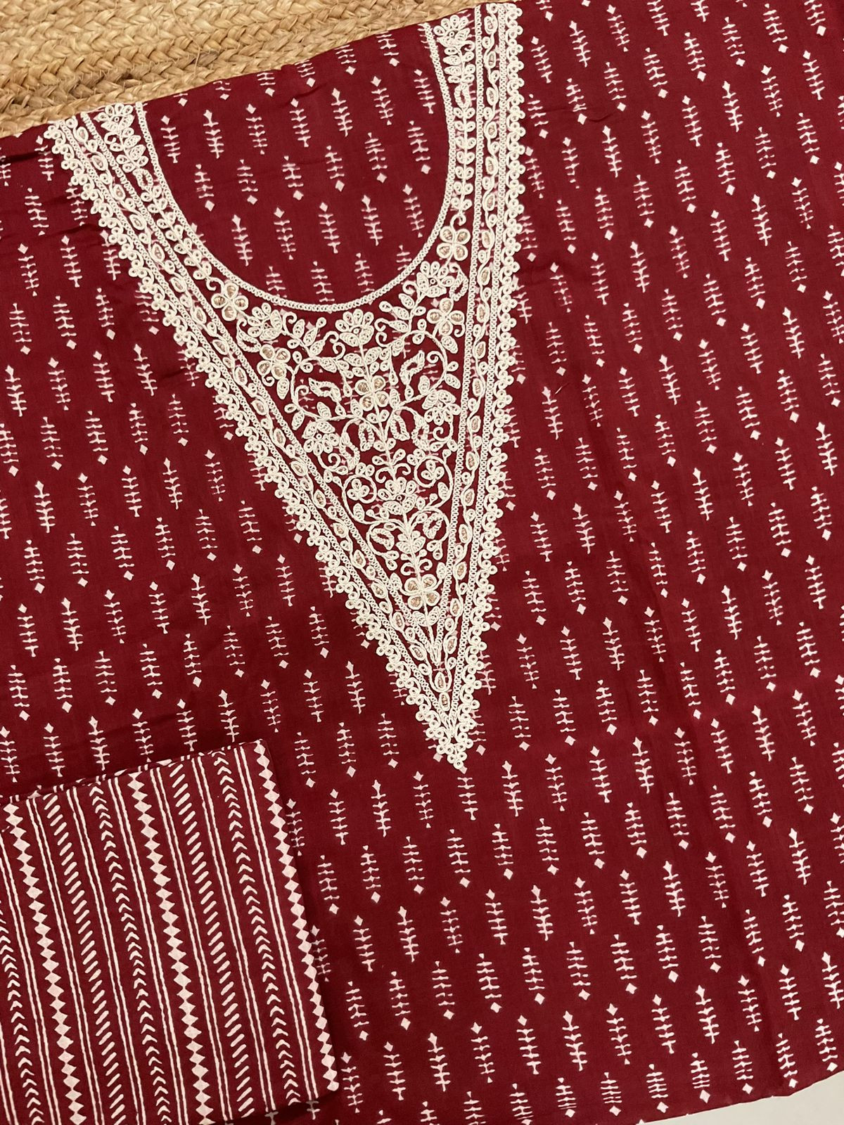 Pure Cotton Printed Embroidered Suit - Maroon