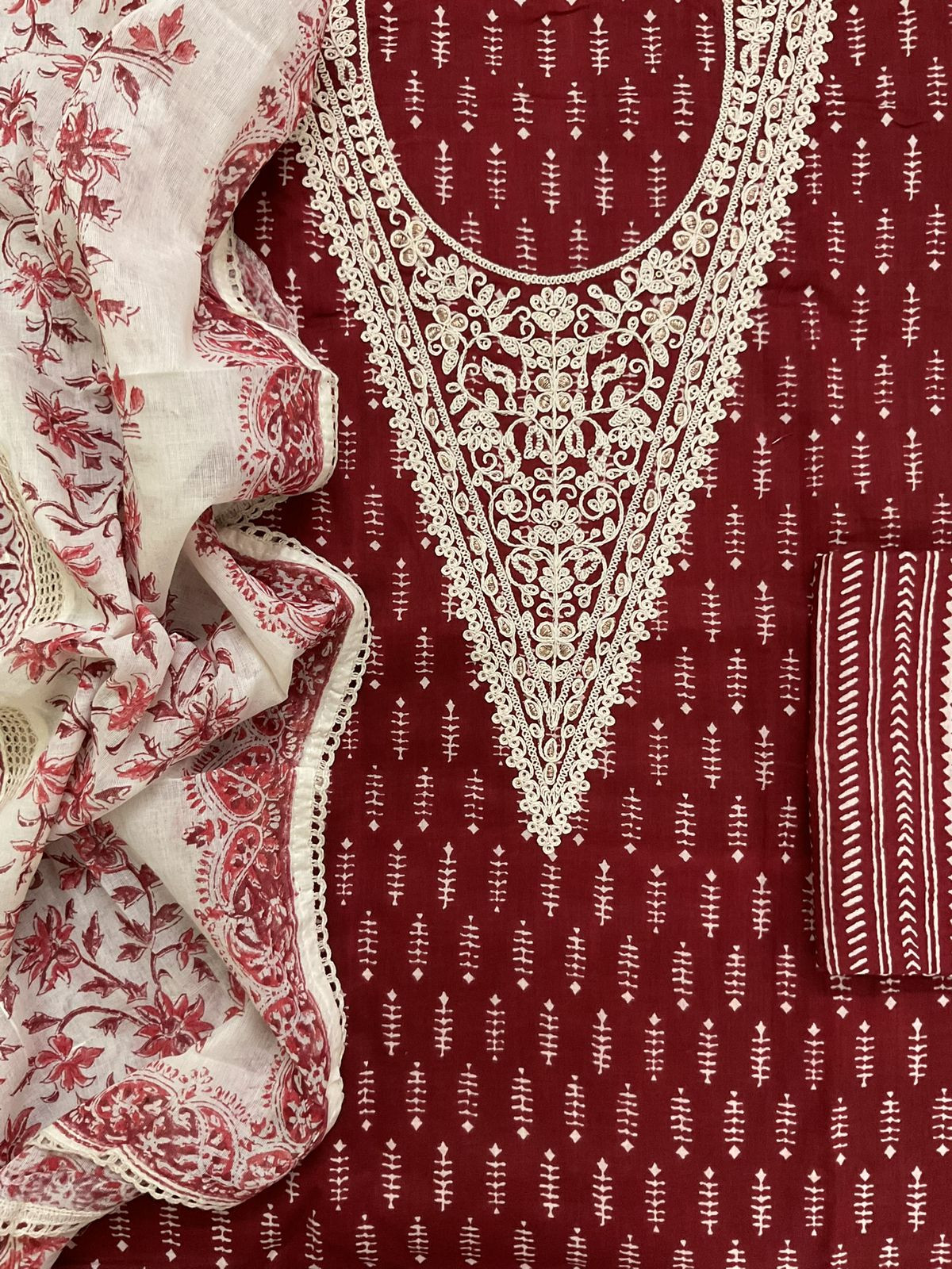 Pure Cotton Printed Embroidered Suit - Maroon