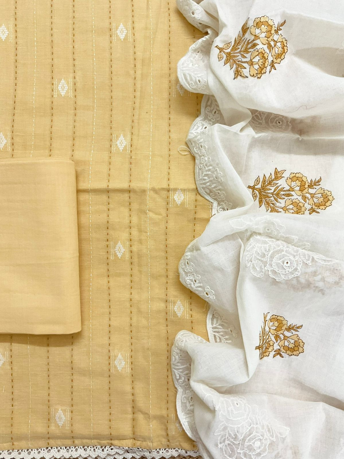 Pure Handloom Cotton Printed Self Weaved Embroidered Suit - Yellow