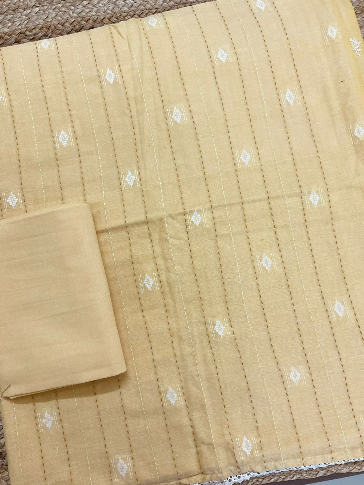 Pure Handloom Cotton Printed Self Weaved Embroidered Suit - Yellow
