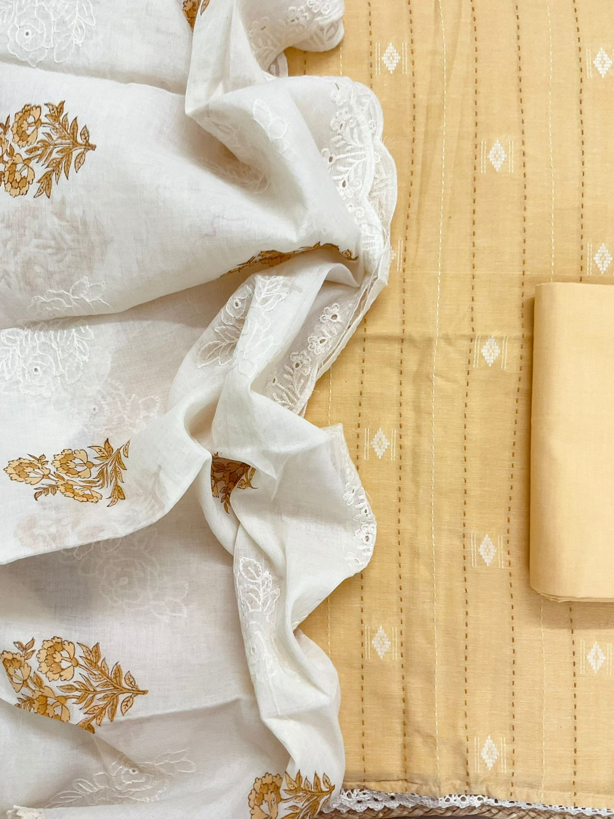 Pure Handloom Cotton Printed Self Weaved Embroidered Suit - Yellow