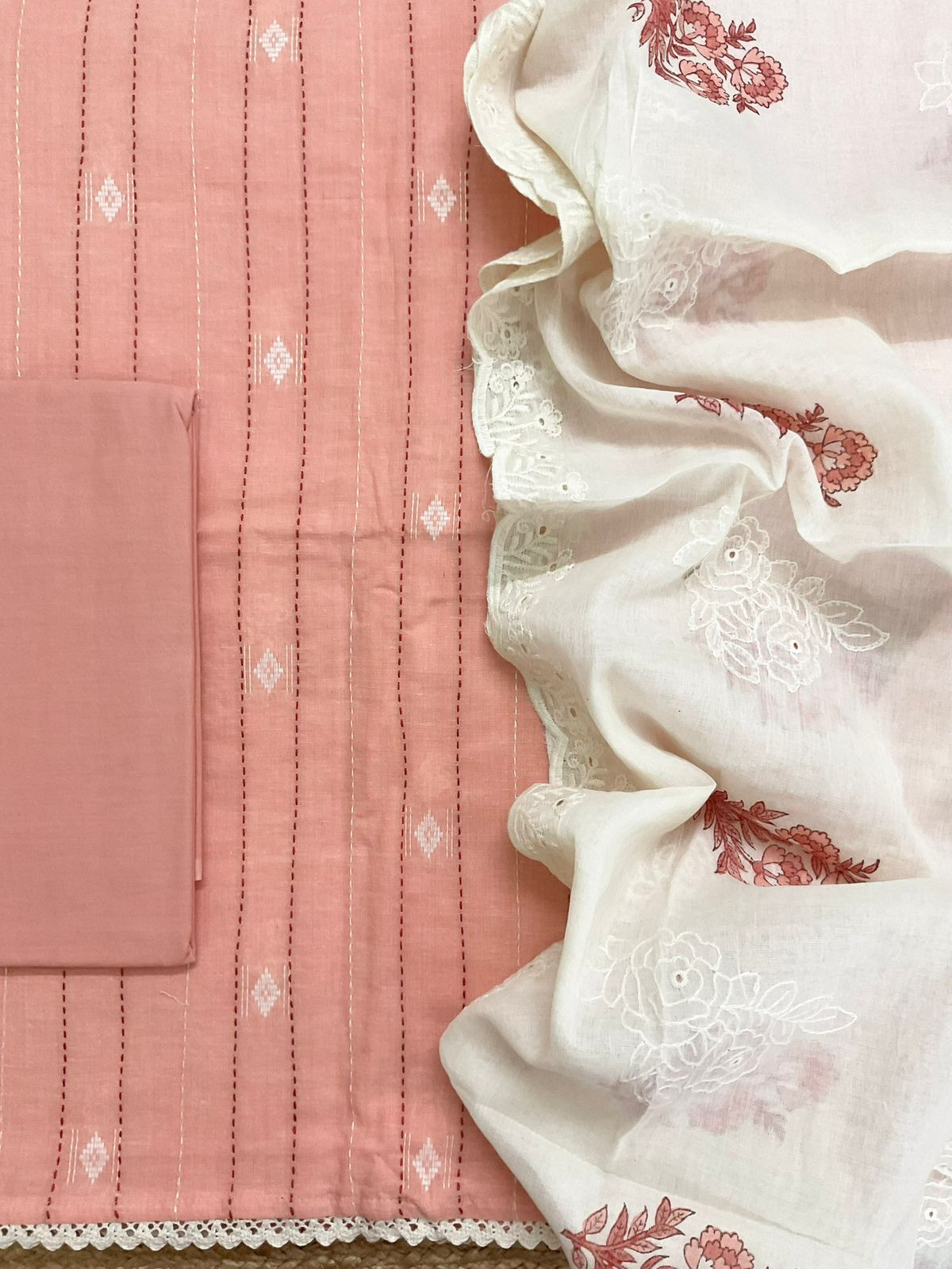 Pure Handloom Cotton Printed Self Weaved Embroidered Suit - Peach