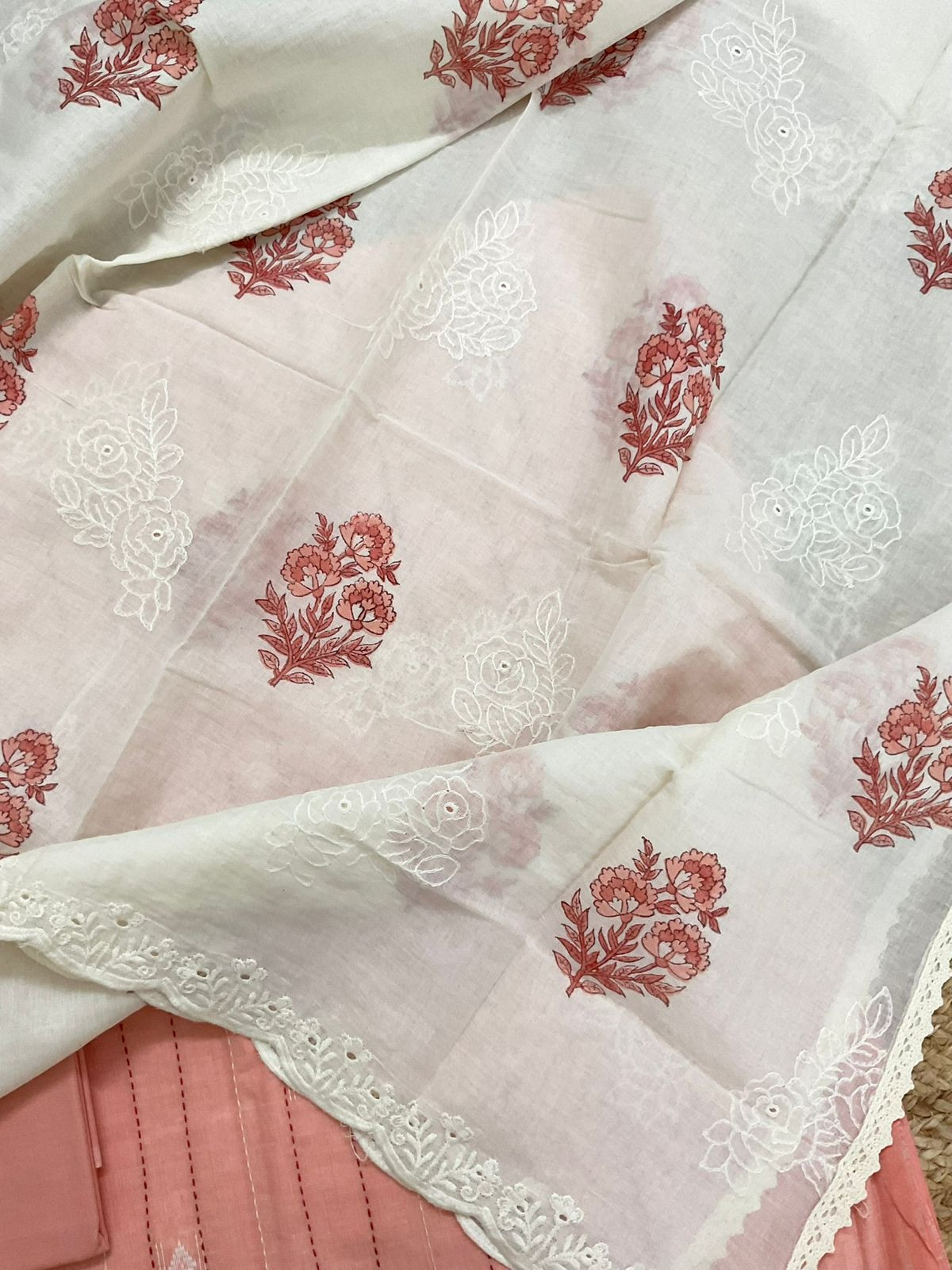 Pure Handloom Cotton Printed Self Weaved Embroidered Suit - Peach