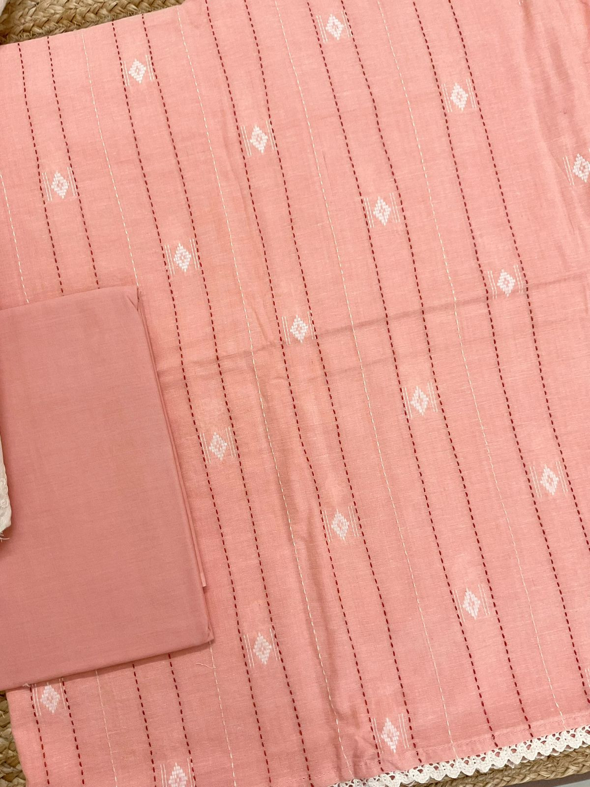 Pure Handloom Cotton Printed Self Weaved Embroidered Suit - Peach