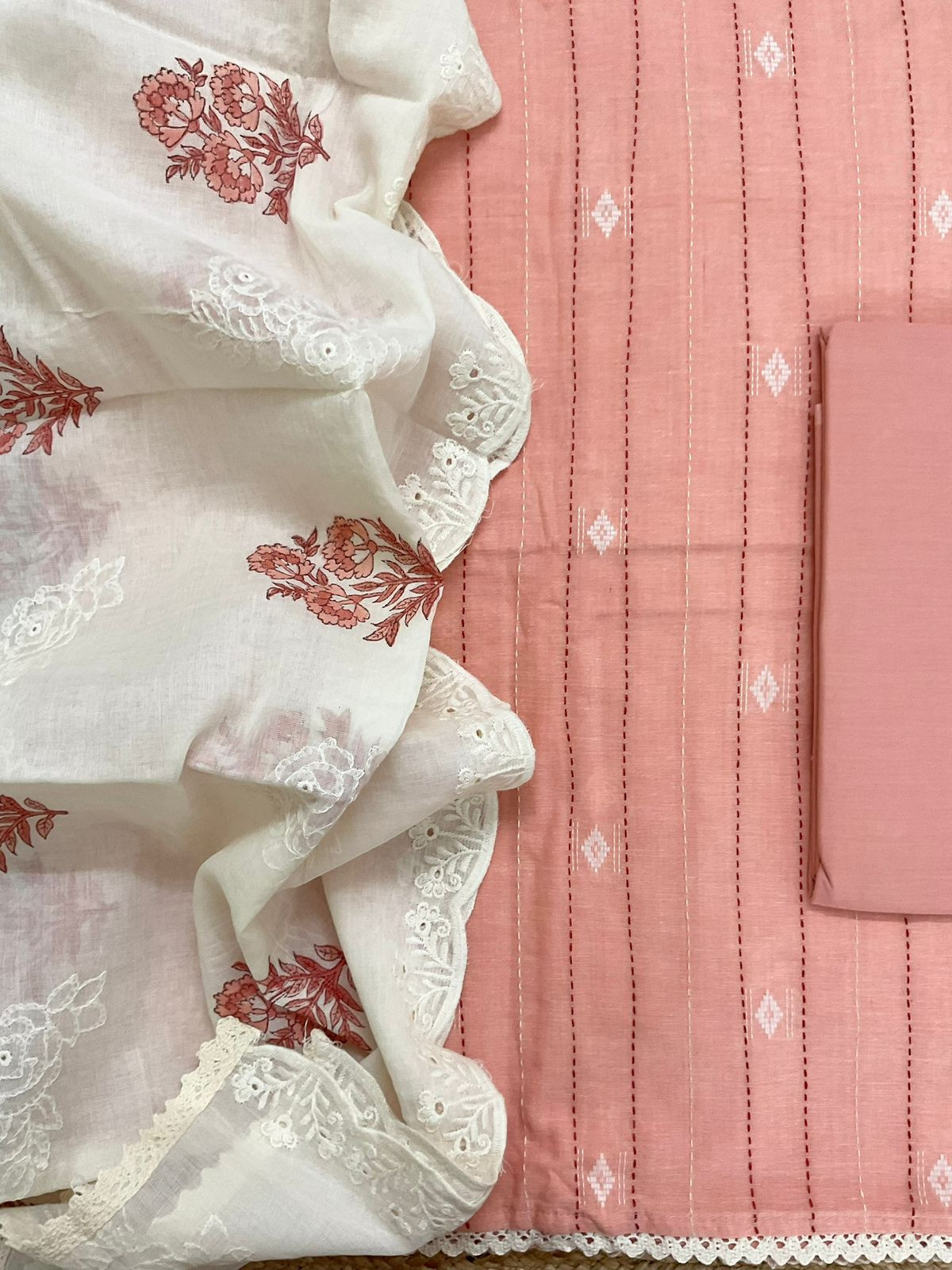 Pure Handloom Cotton Printed Self Weaved Embroidered Suit - Peach