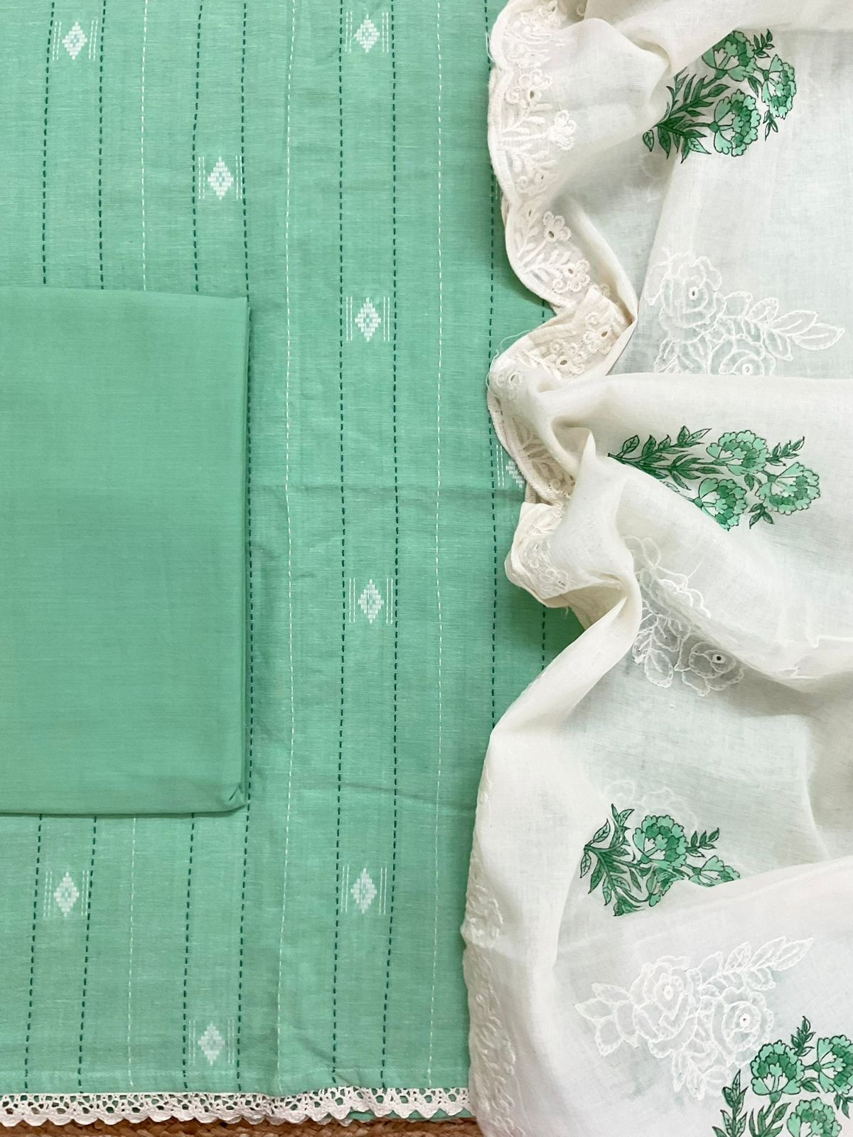 Pure Handloom Cotton Printed Self Weaved Embroidered Suit - Green