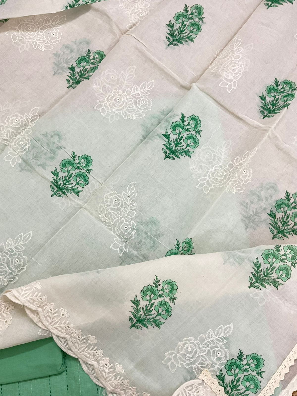 Pure Handloom Cotton Printed Self Weaved Embroidered Suit - Green