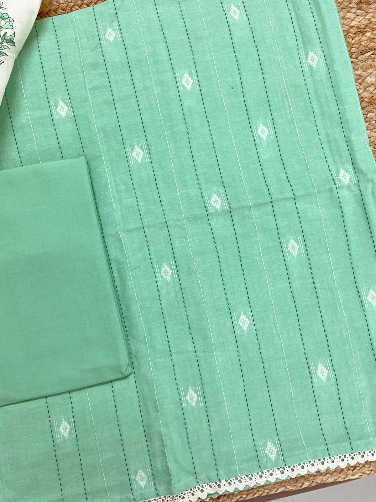 Pure Handloom Cotton Printed Self Weaved Embroidered Suit - Green