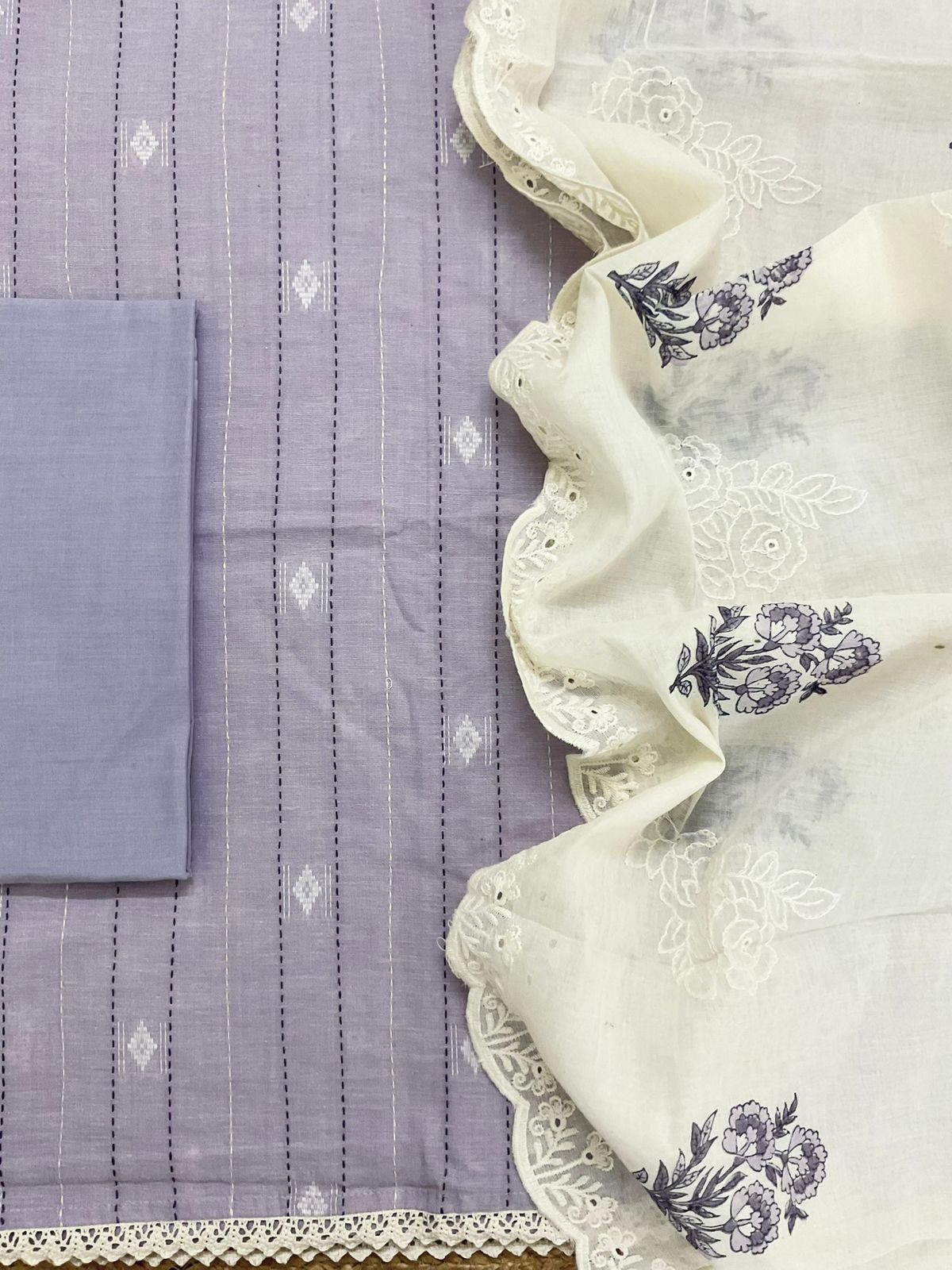 Pure Handloom Cotton Printed Self Weaved Embroidered Suit - Lavender