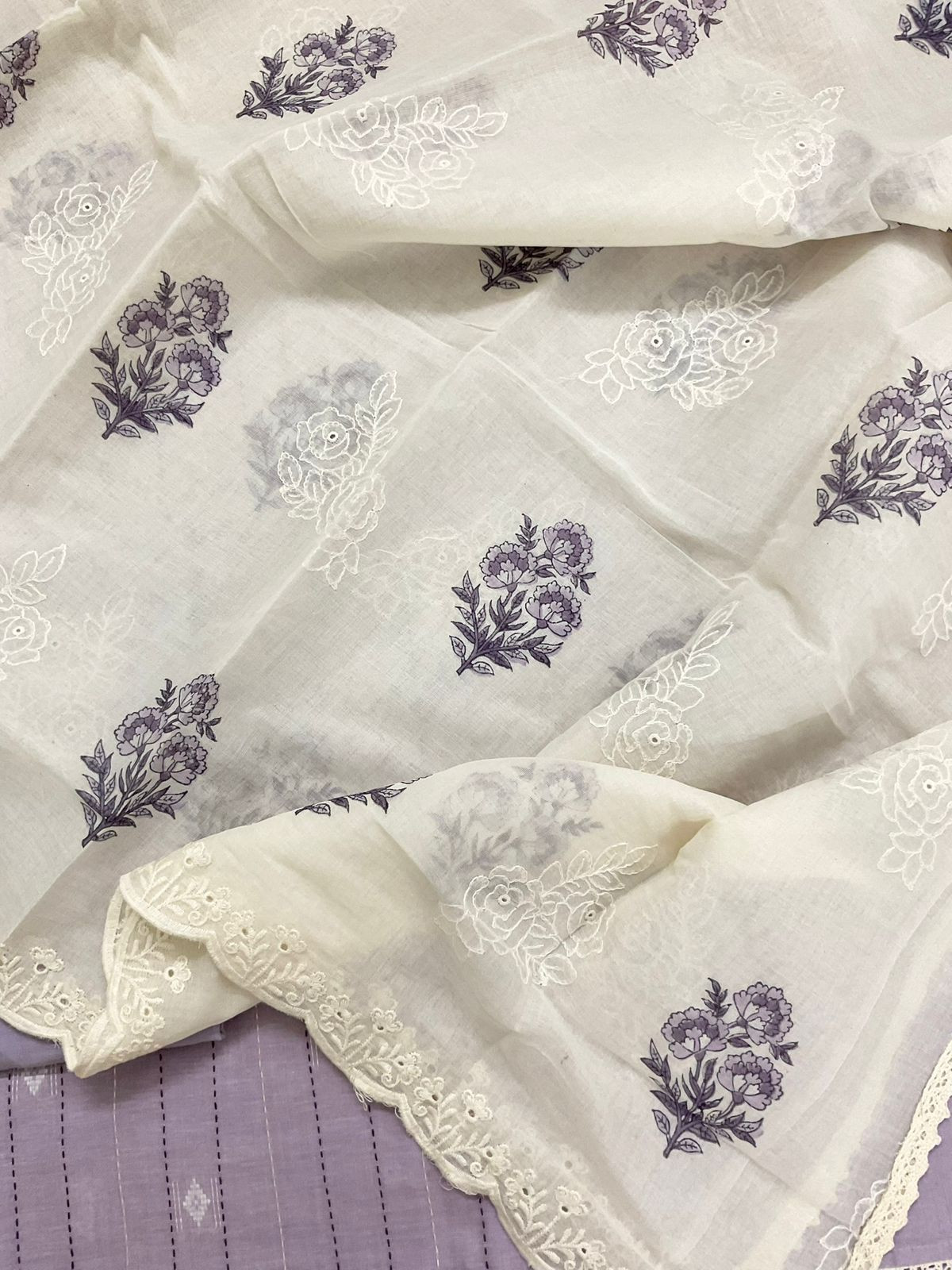 Pure Handloom Cotton Printed Self Weaved Embroidered Suit - Lavender