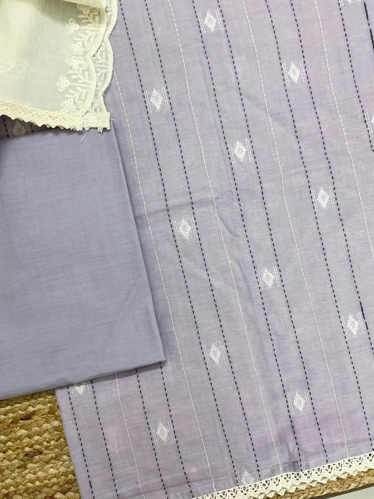 Pure Handloom Cotton Printed Self Weaved Embroidered Suit - Lavender