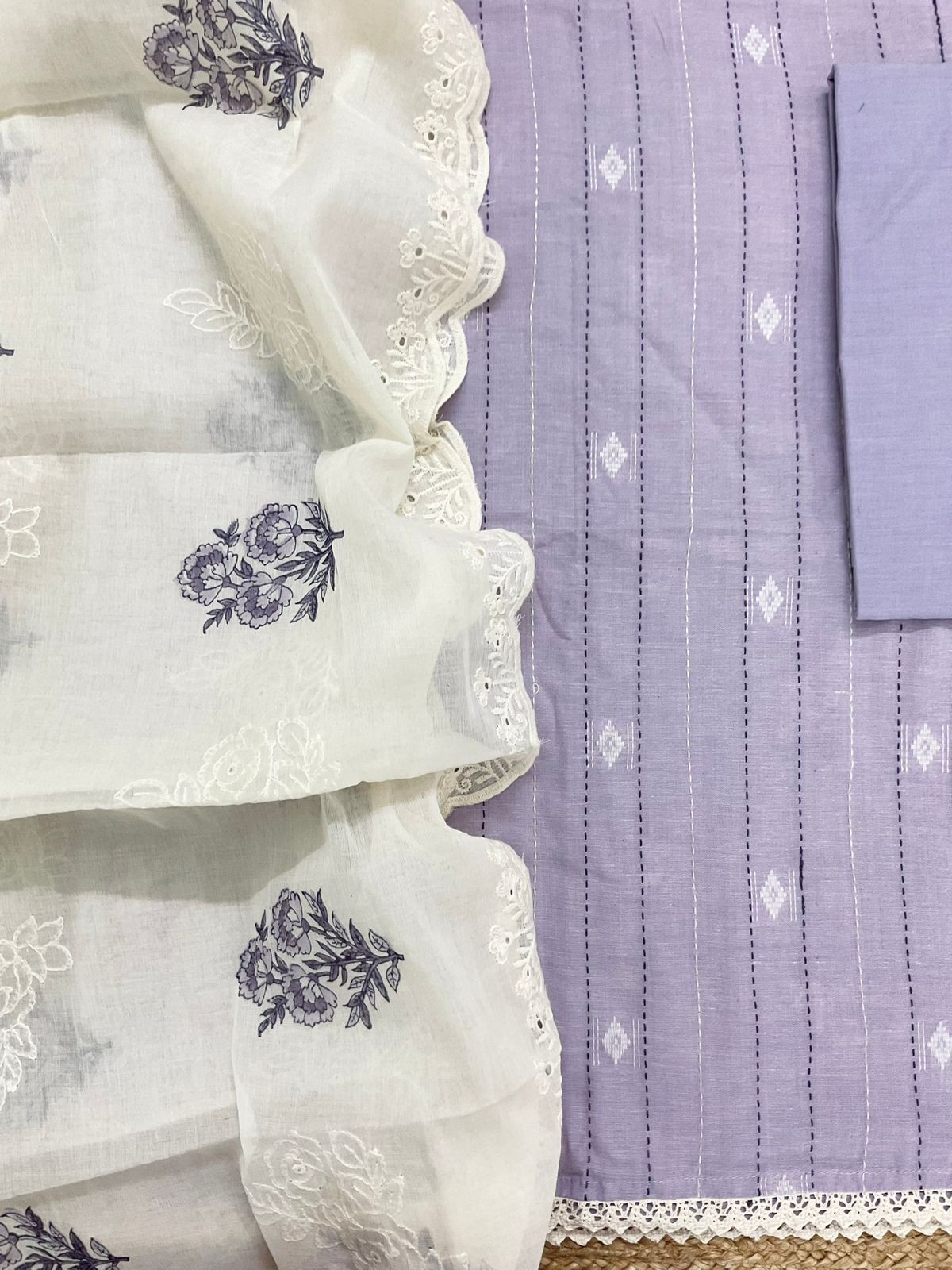 Pure Handloom Cotton Printed Self Weaved Embroidered Suit - Lavender