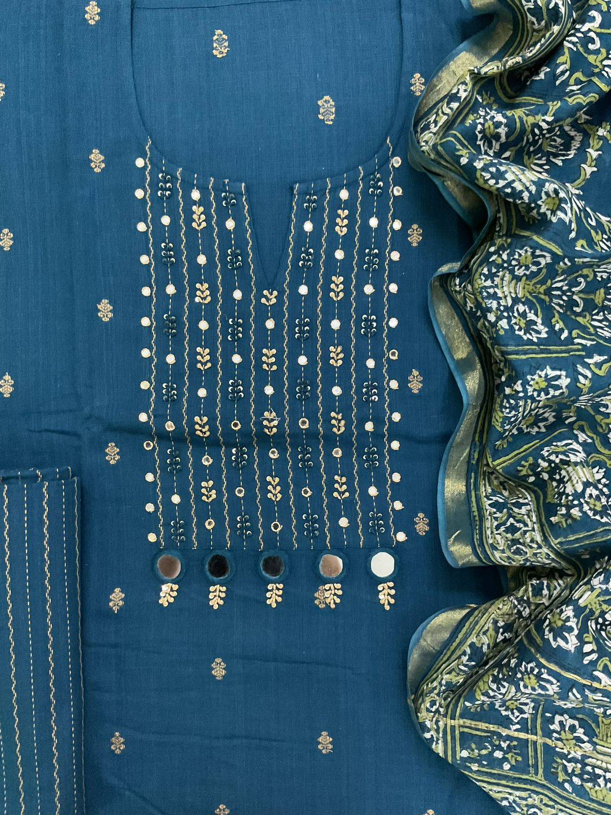 Pure Handloom Cotton Printed Self Weaved Embroidered Suit - Blue