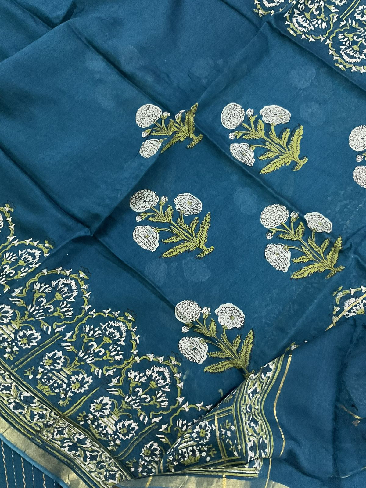 Pure Handloom Cotton Printed Self Weaved Embroidered Suit - Blue