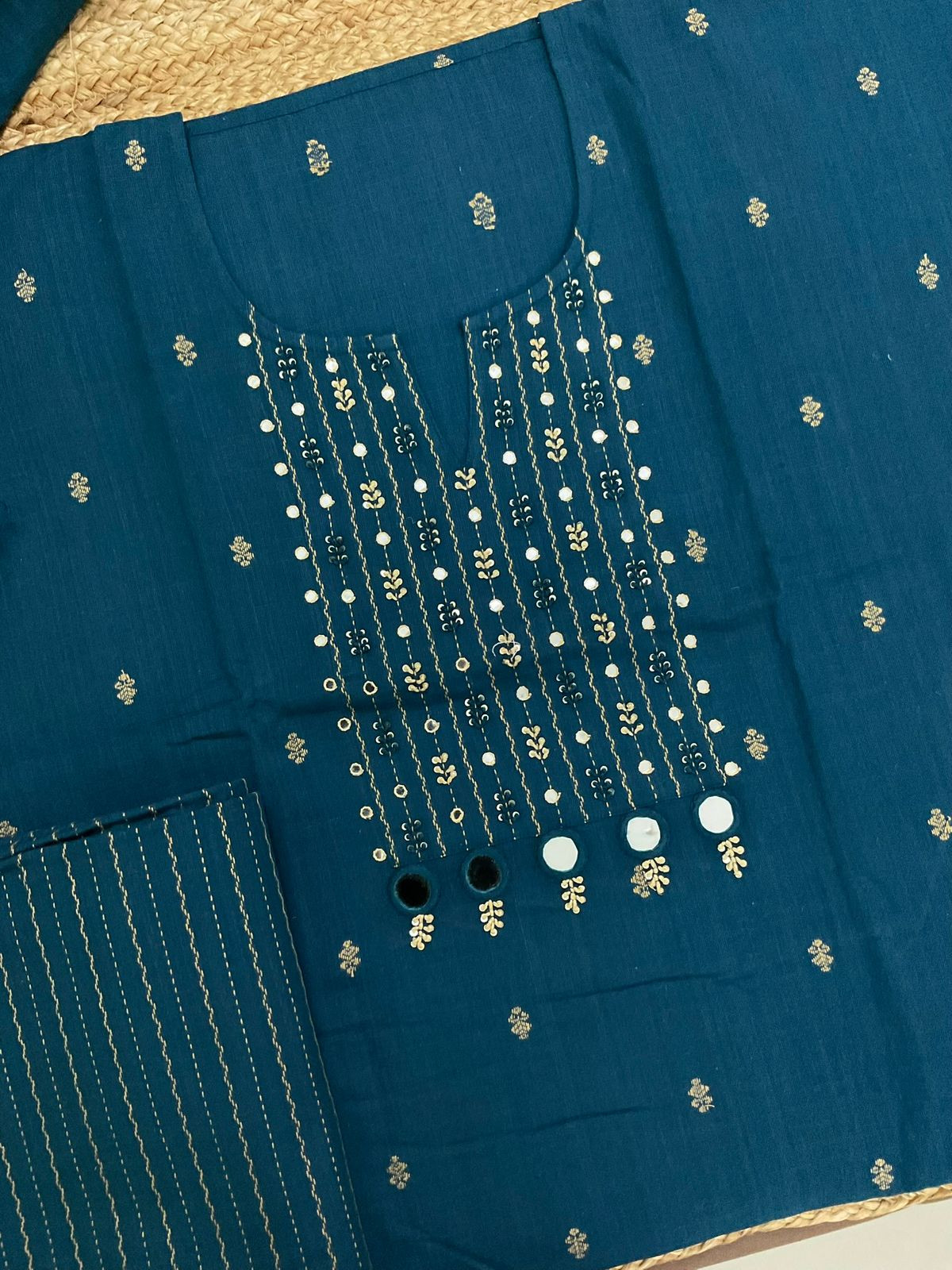 Pure Handloom Cotton Printed Self Weaved Embroidered Suit - Blue