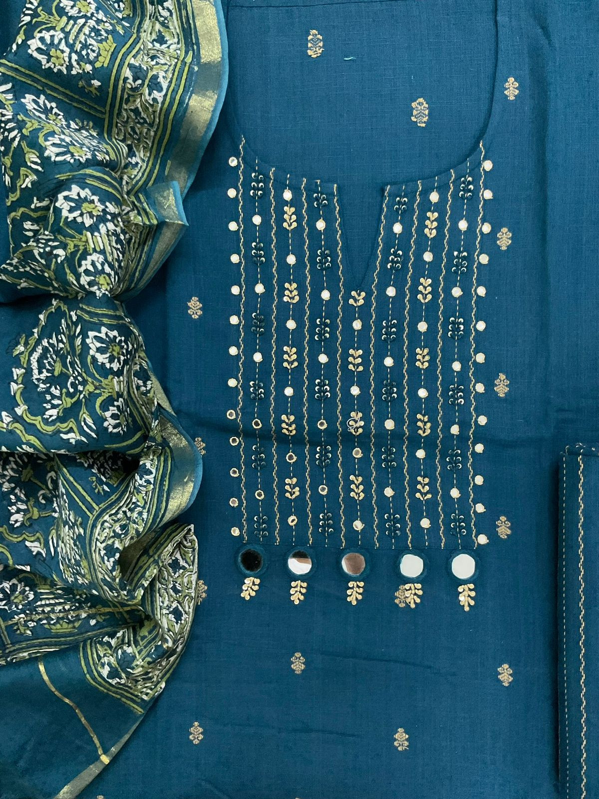 Pure Handloom Cotton Printed Self Weaved Embroidered Suit - Blue