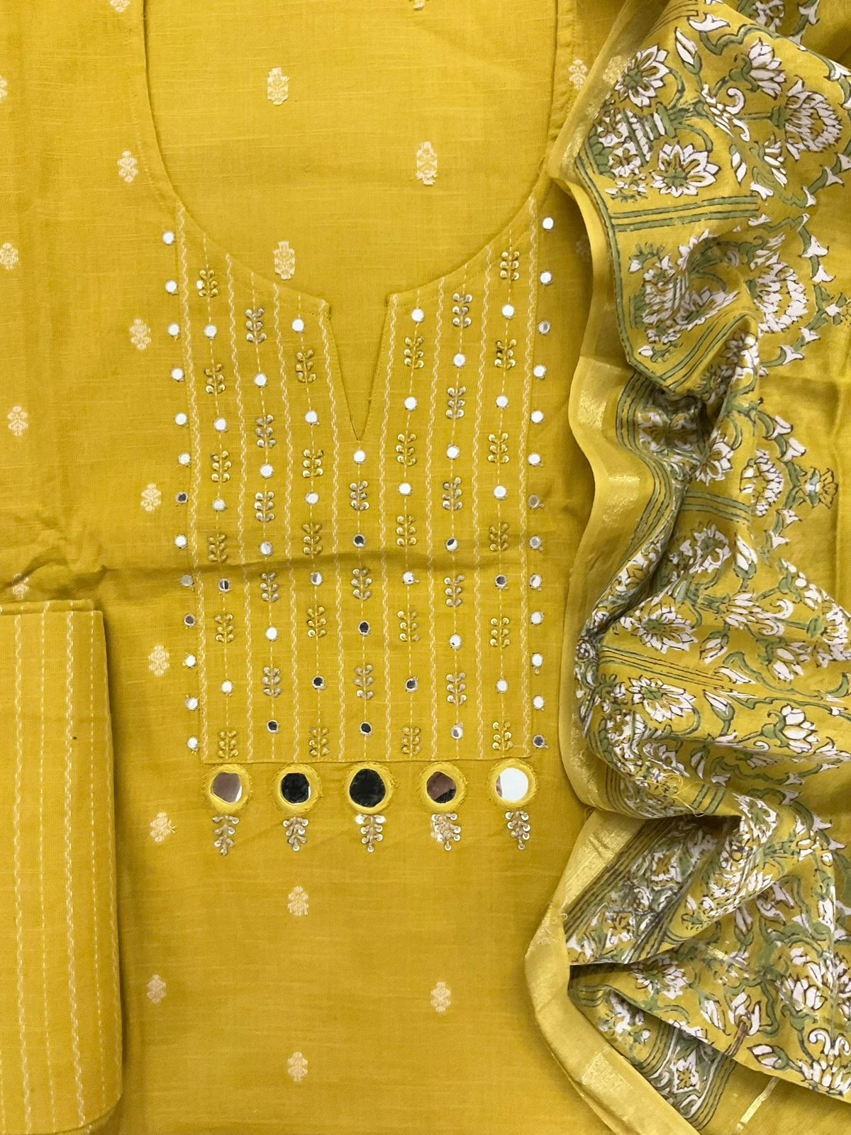 Pure Handloom Cotton Printed Self Weaved Embroidered Suit - Yellow