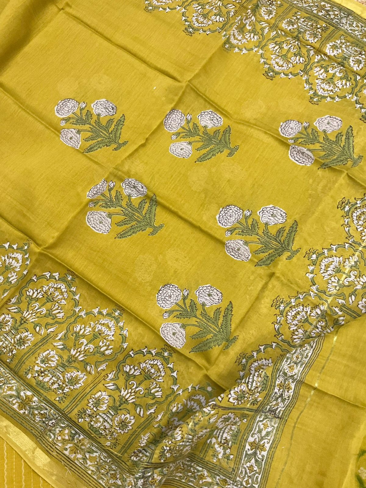Pure Handloom Cotton Printed Self Weaved Embroidered Suit - Yellow