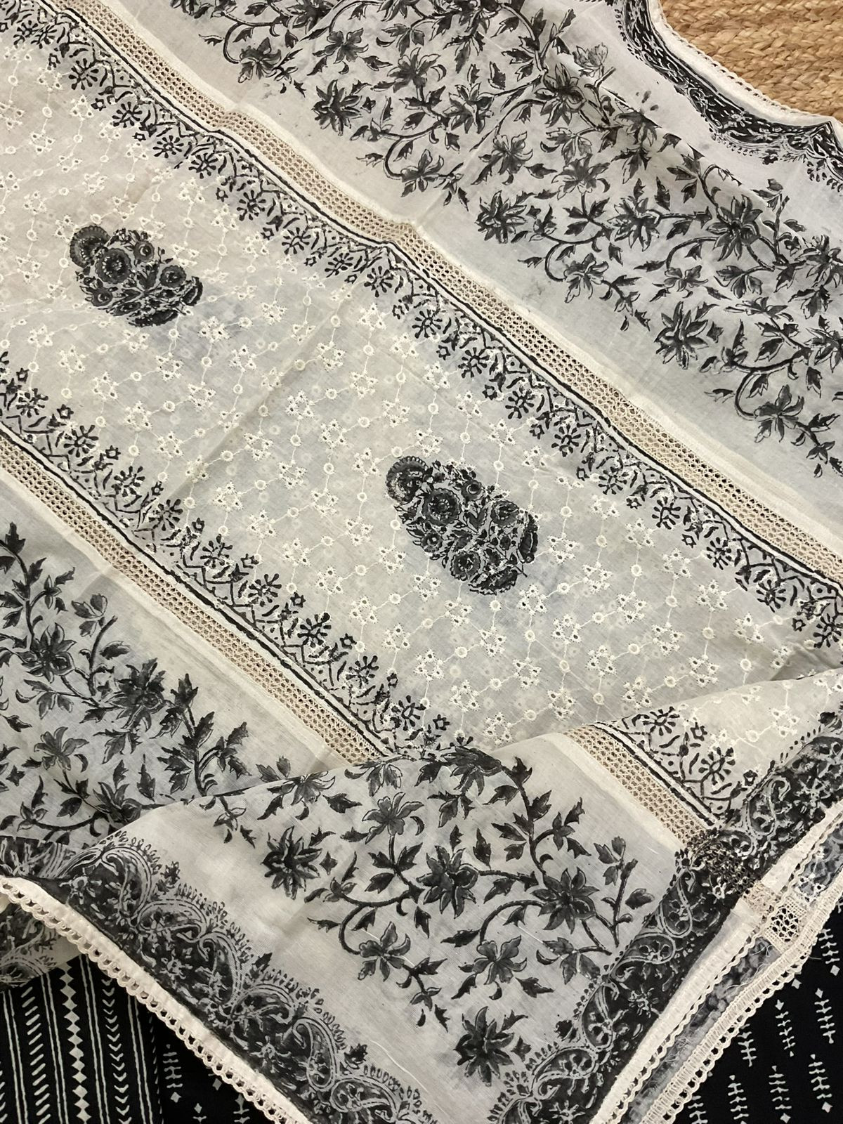 Pure Cotton Printed Embroidered Suit - Black