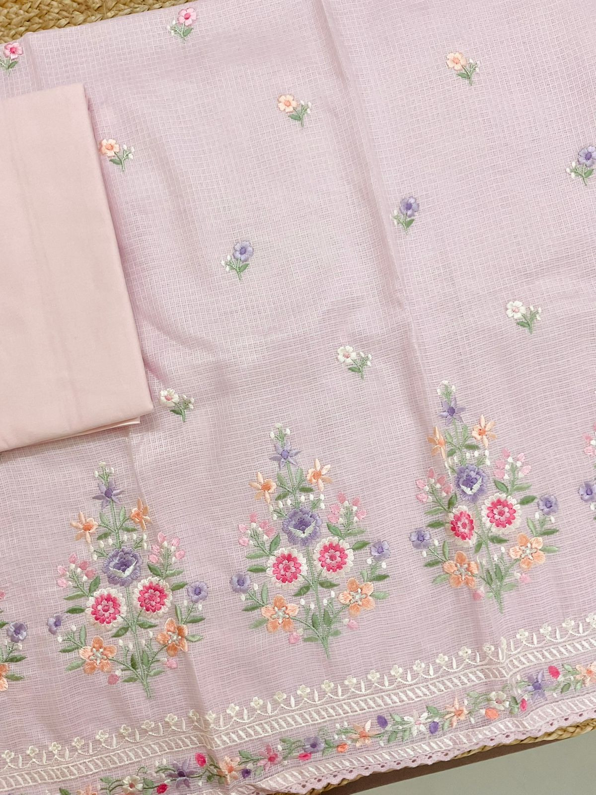 Soft Kota Silk Embroidered Suit - Pink
