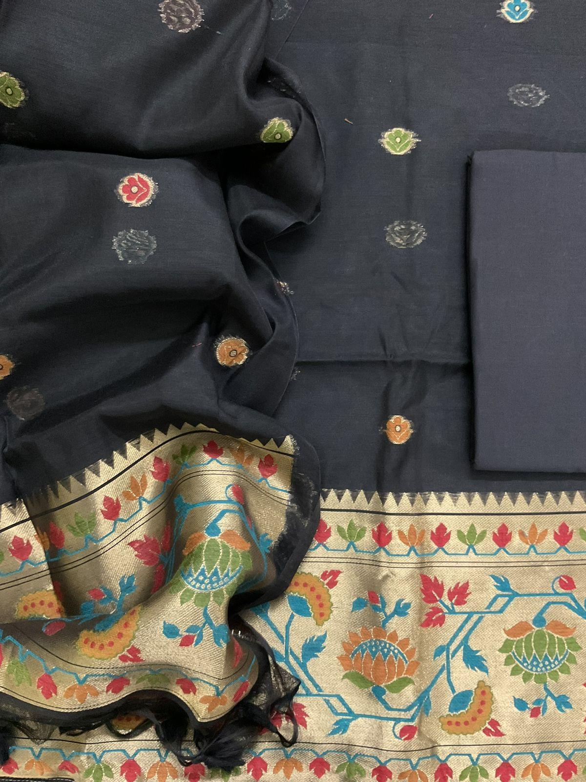 Soft Slub Chanderi Paithani Styled Weaved Suit - Black