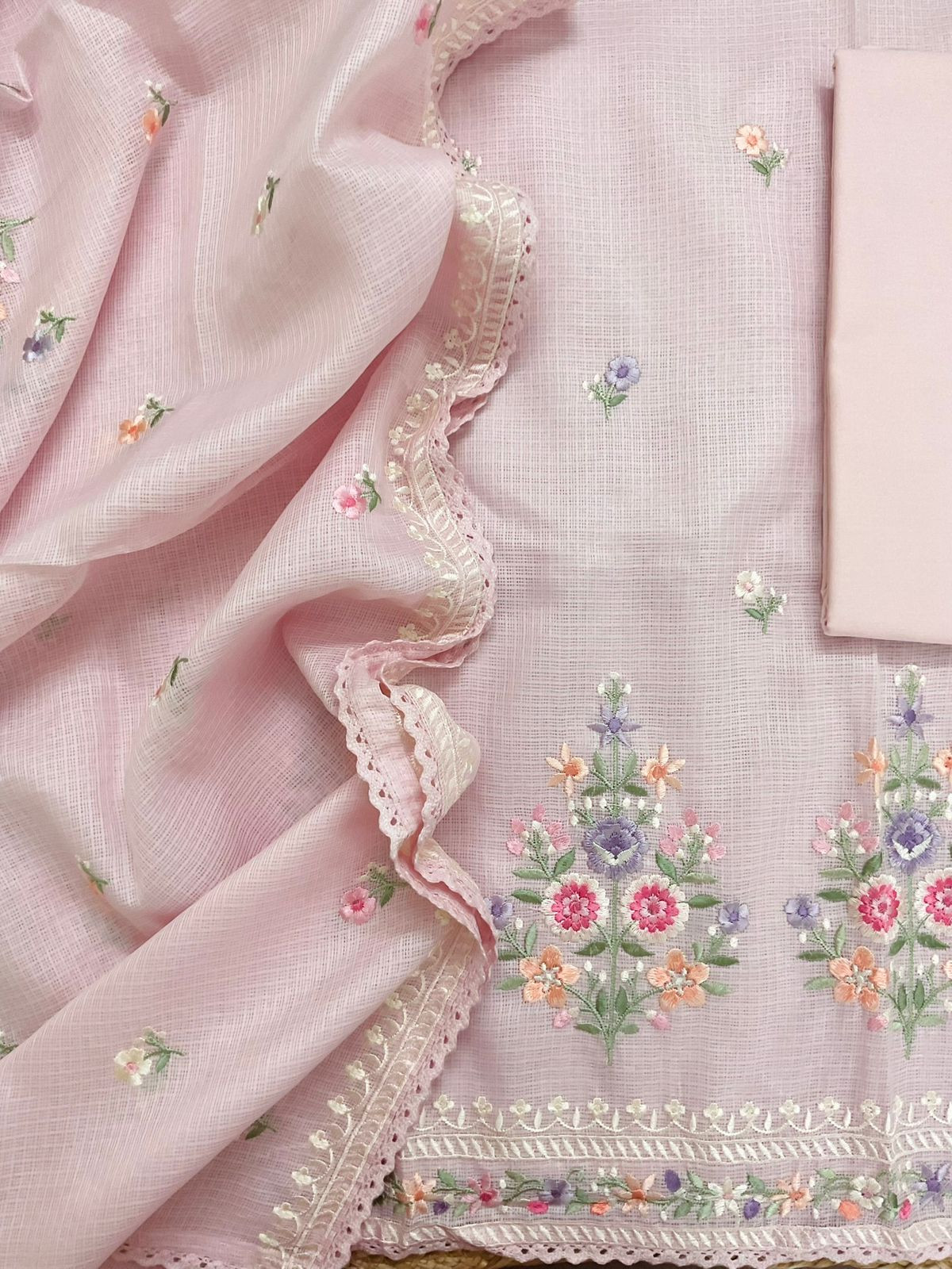 Soft Kota Silk Embroidered Suit - Pink