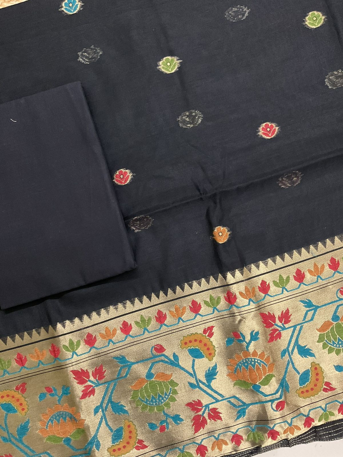 Soft Slub Chanderi Paithani Styled Weaved Suit - Black