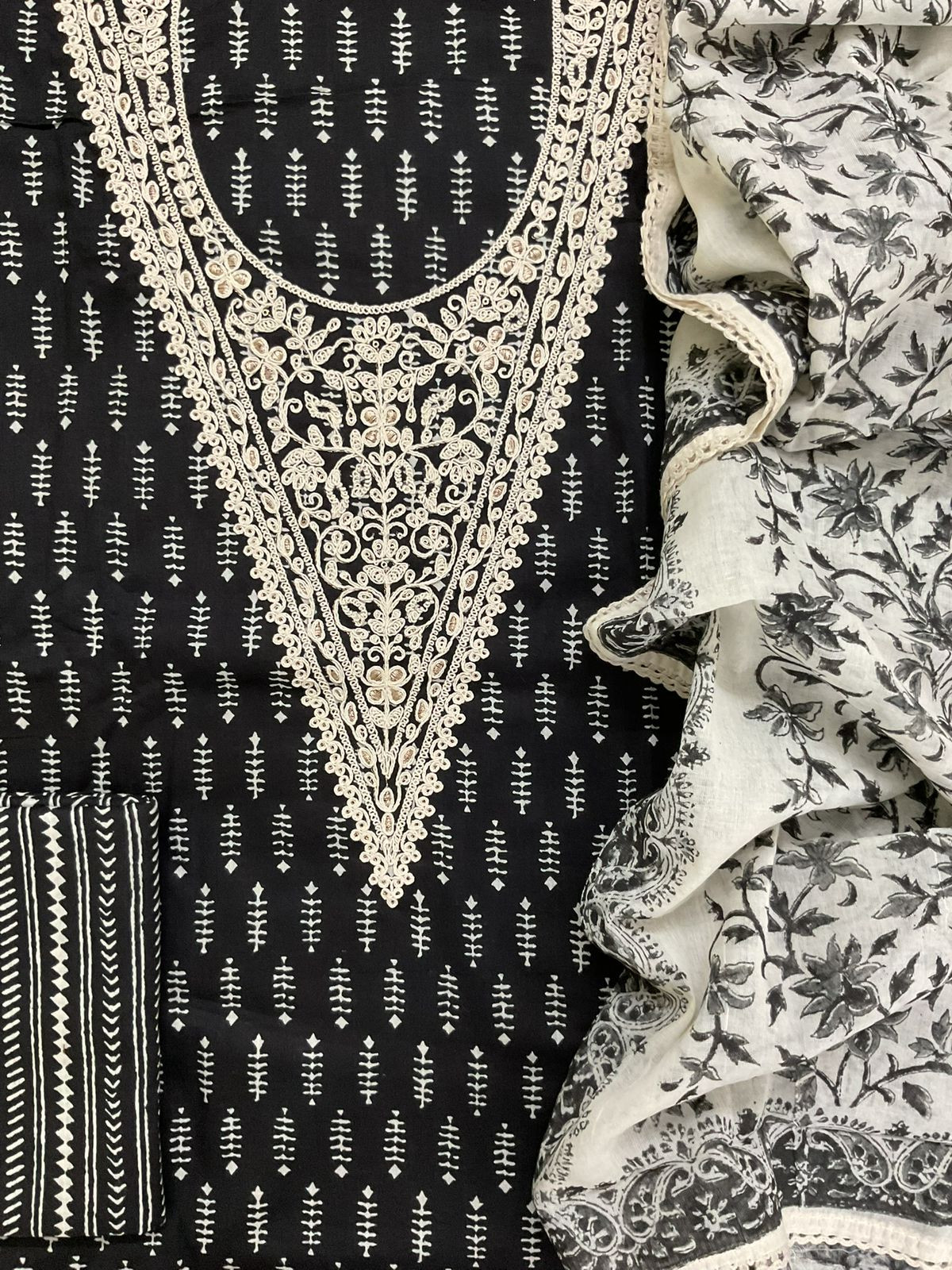 Pure Cotton Printed Embroidered Suit - Black