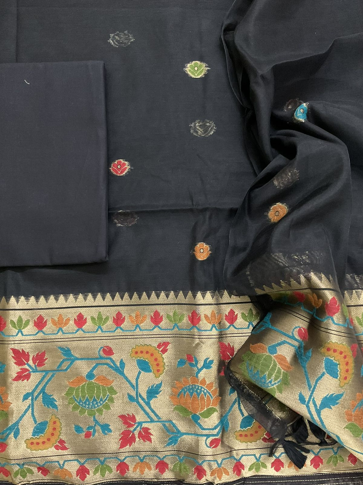 Soft Slub Chanderi Paithani Styled Weaved Suit - Black