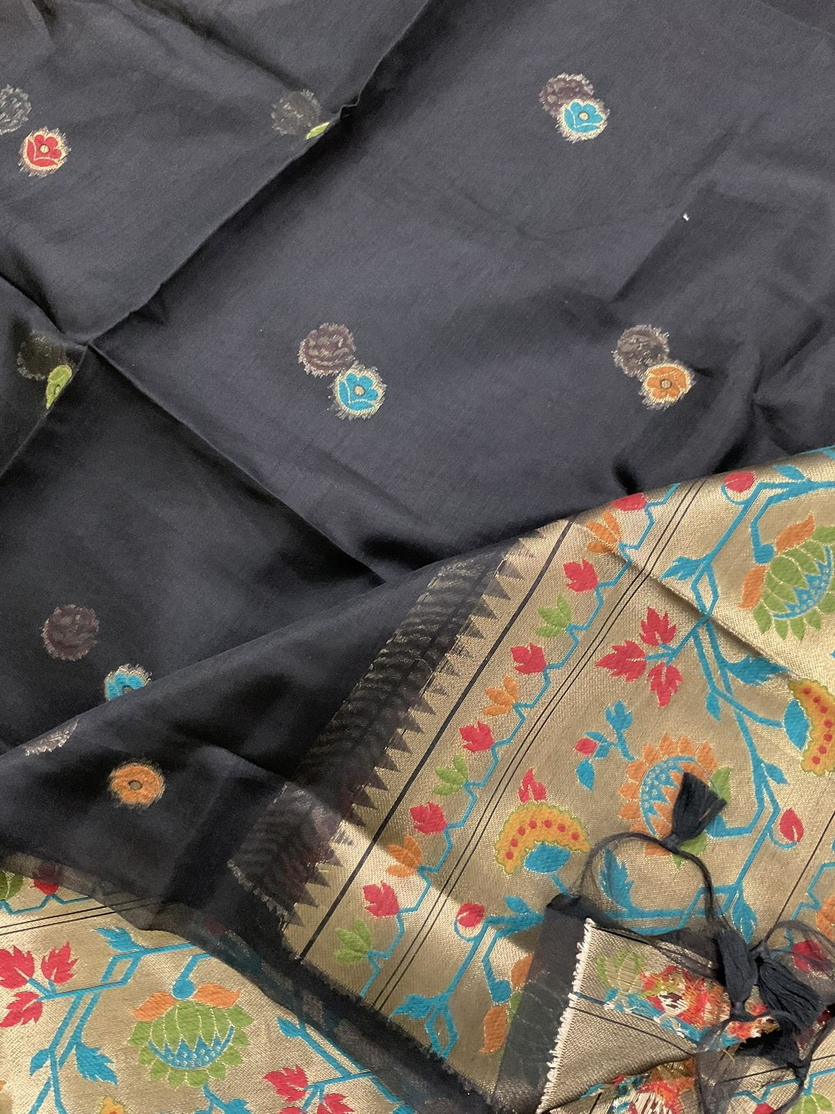 Soft Slub Chanderi Paithani Styled Weaved Suit - Black