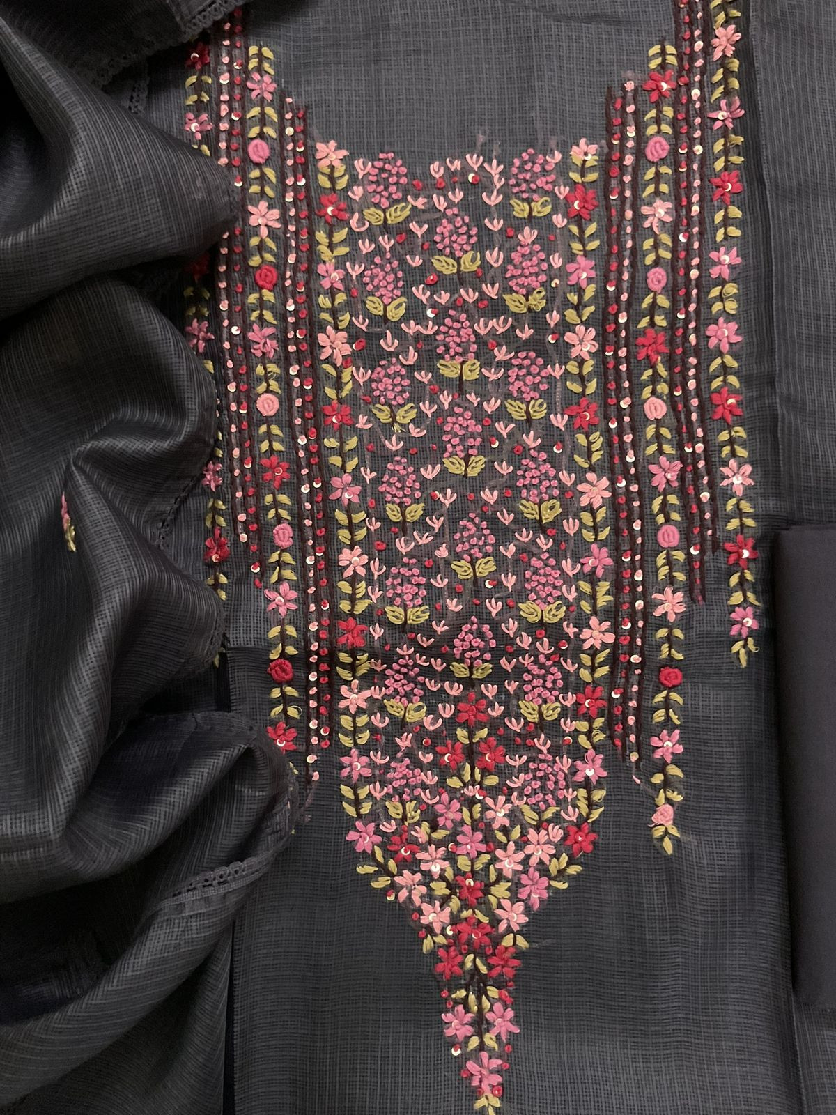 Soft Kota Silk Embroidered Suit - Dark Brown