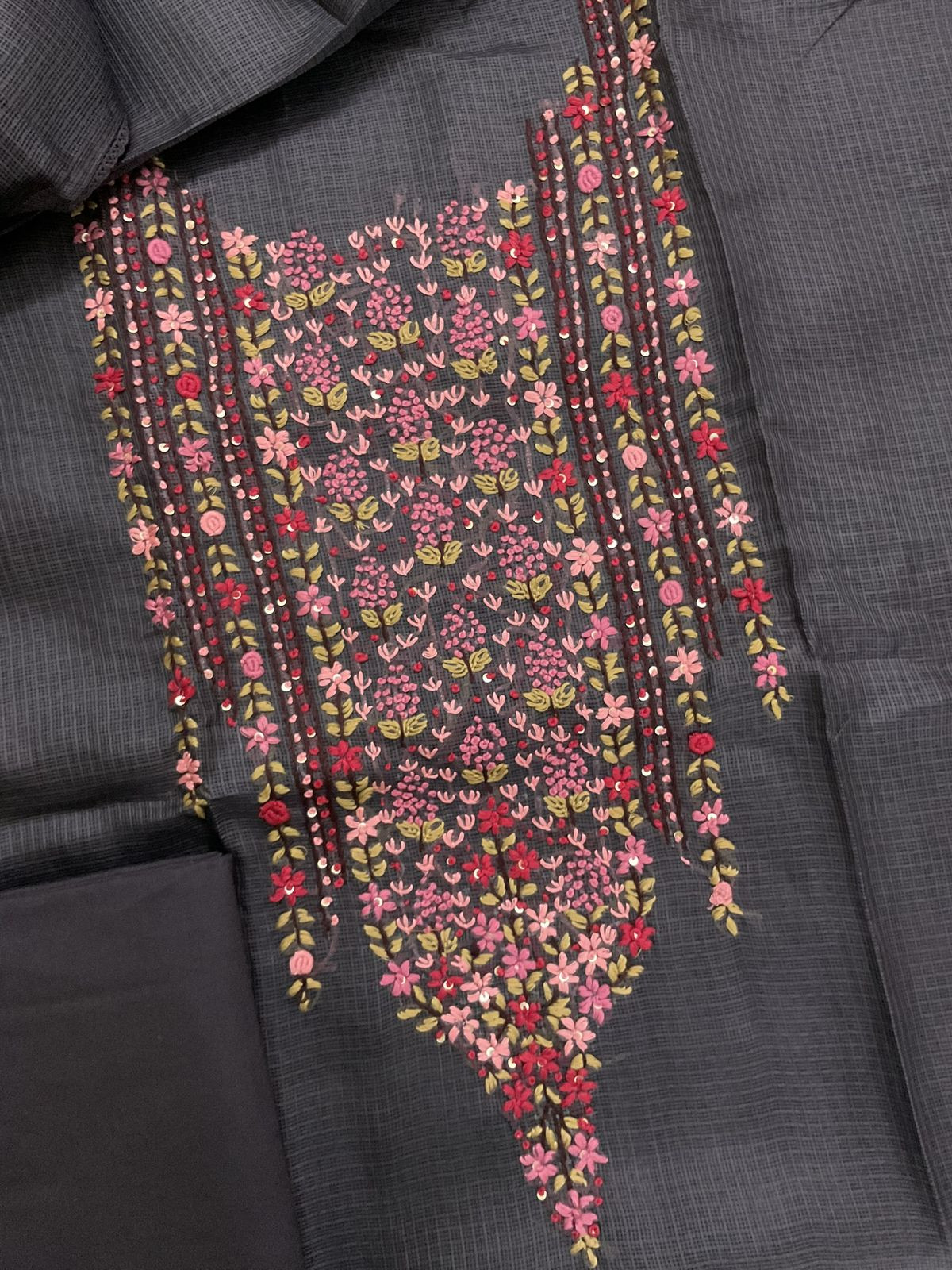 Soft Kota Silk Embroidered Suit - Dark Brown