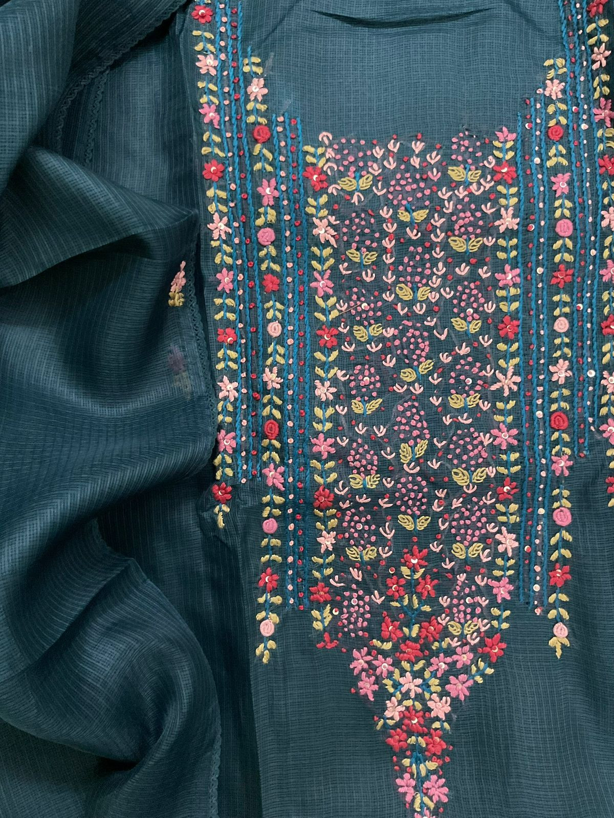 Soft Kota Silk Embroidered Suit - Peacock Blue