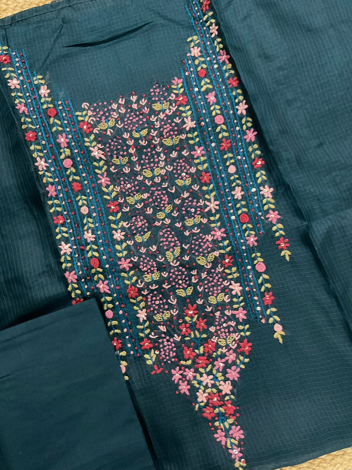 Soft Kota Silk Embroidered Suit - Peacock Blue