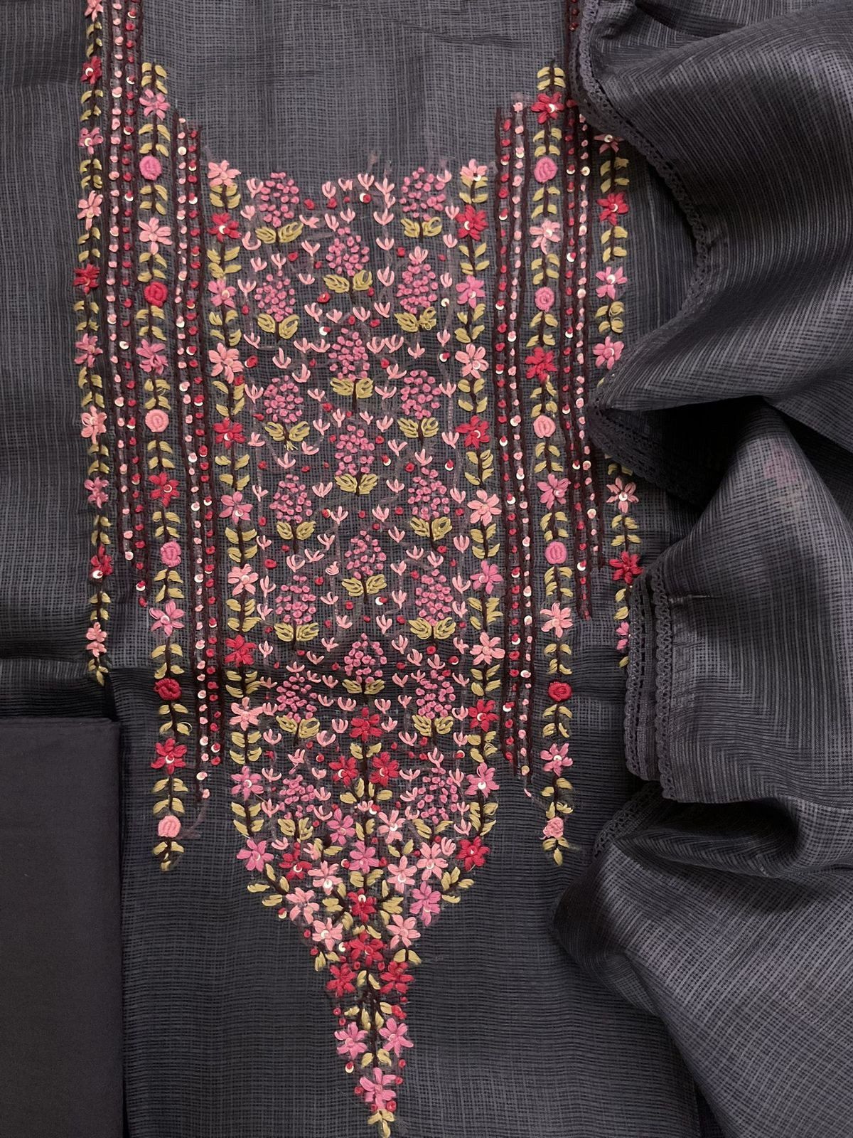 Soft Kota Silk Embroidered Suit - Dark Brown