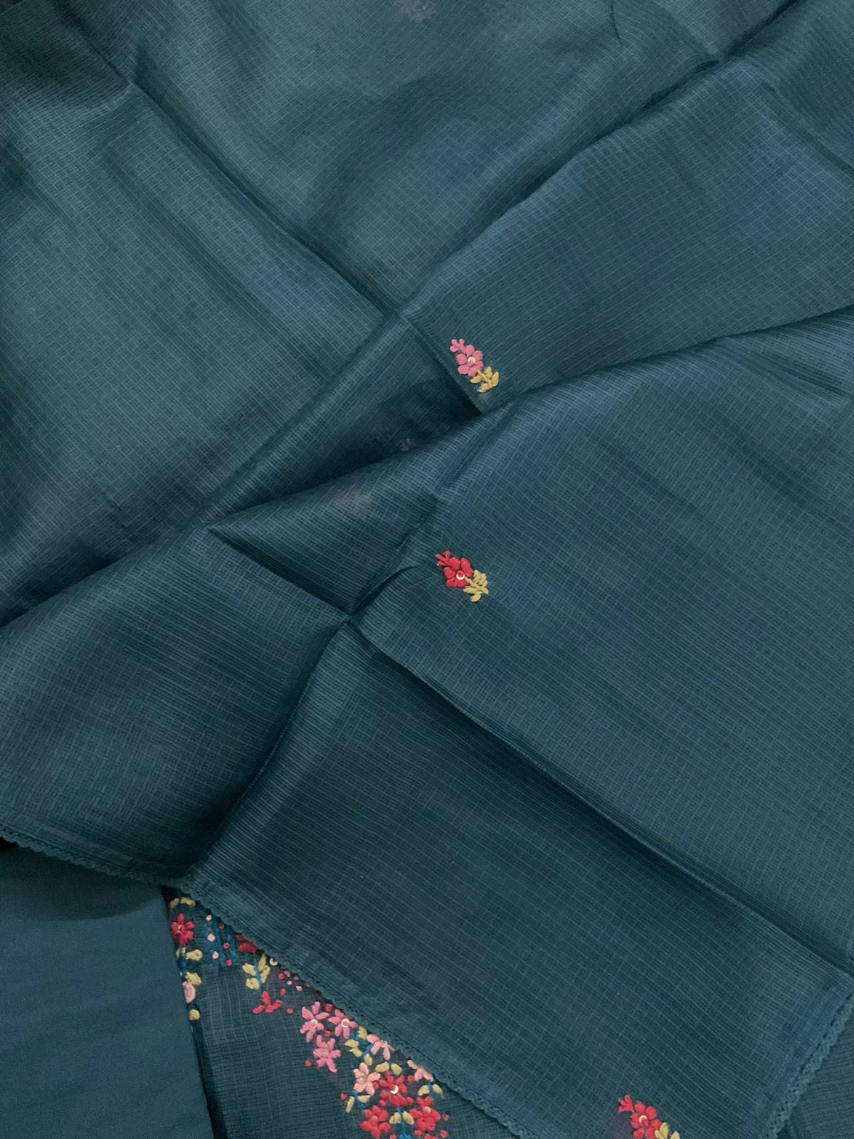 Soft Kota Silk Embroidered Suit - Peacock Blue