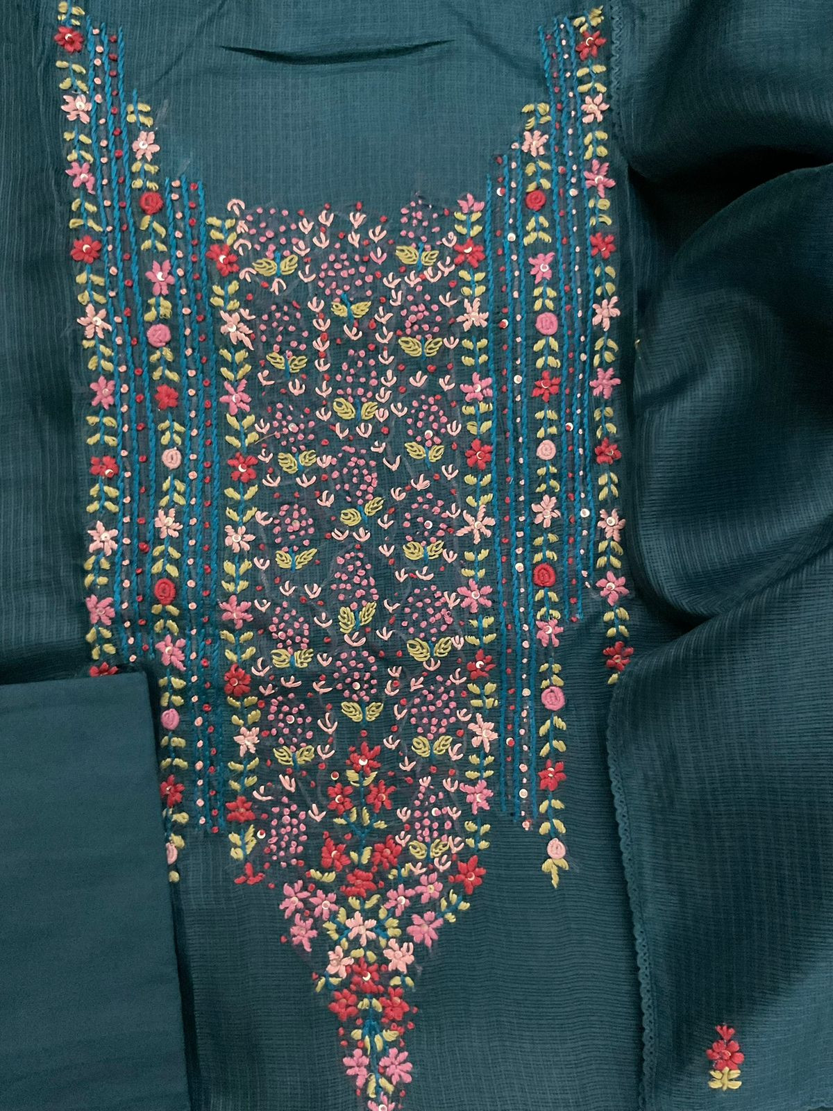 Soft Kota Silk Embroidered Suit - Peacock Blue