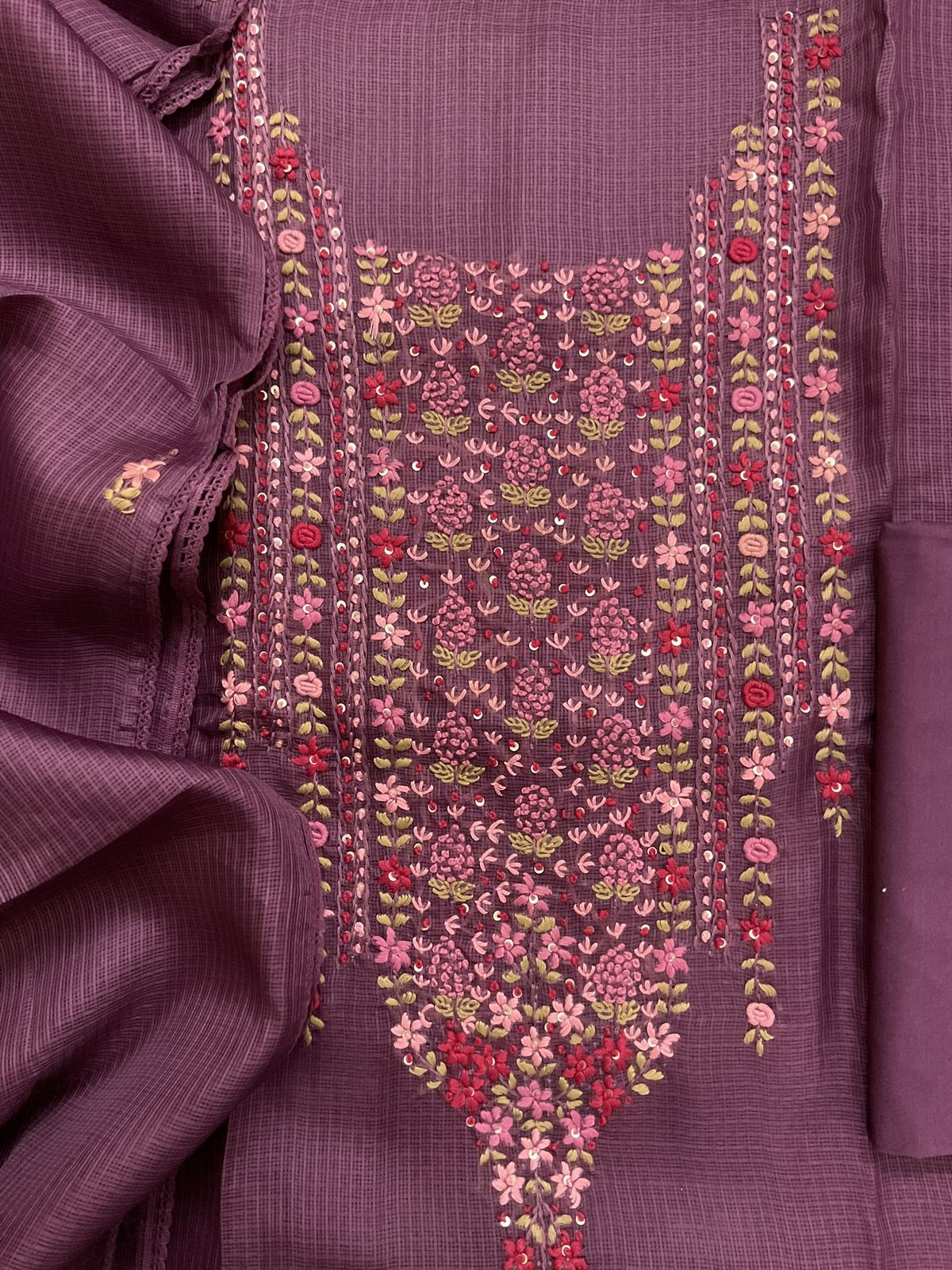 Soft Kota Silk Embroidered Suit - Peacock Pink