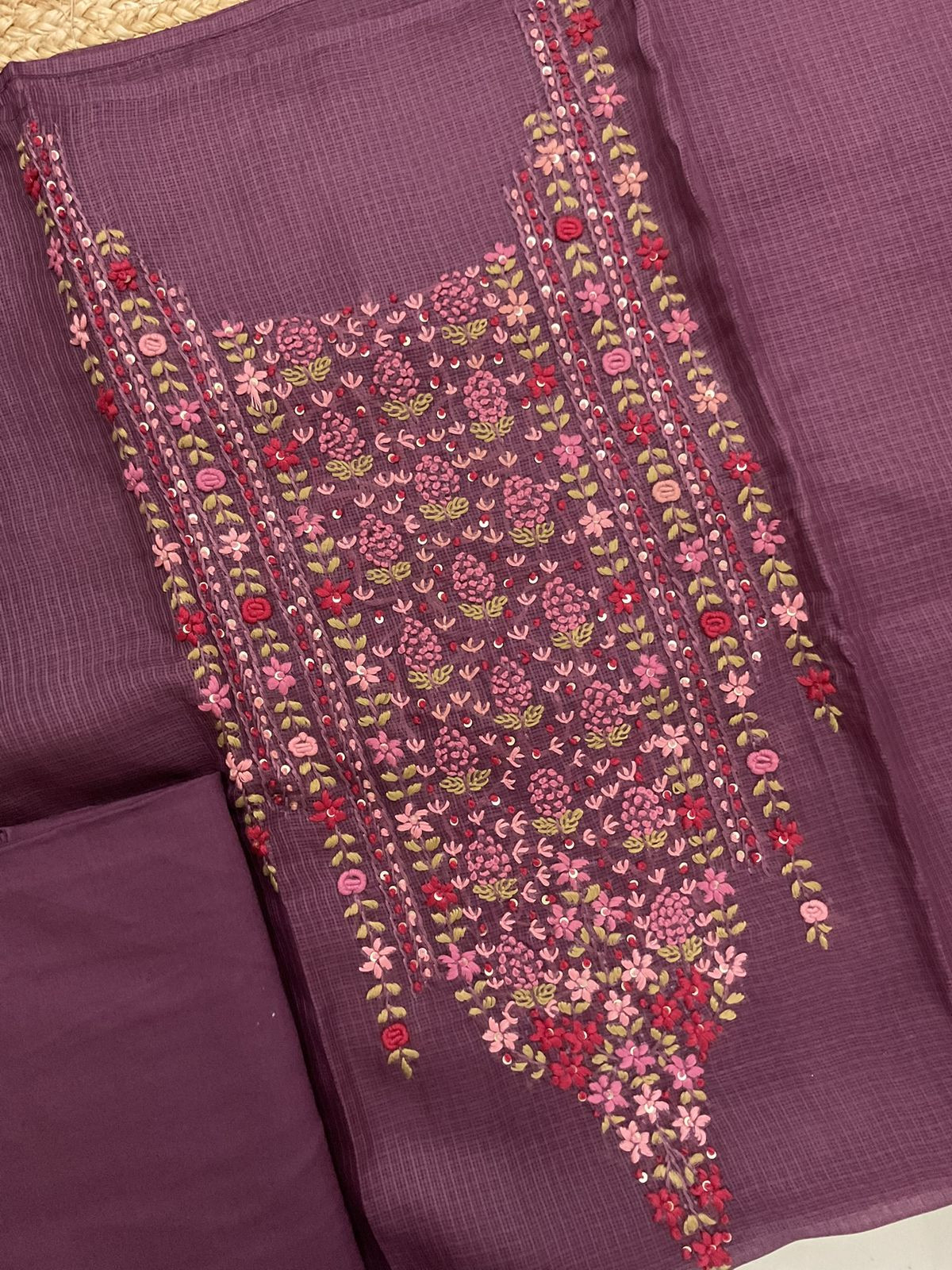 Soft Kota Silk Embroidered Suit - Peacock Pink