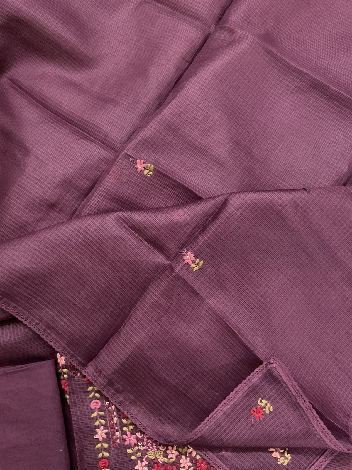 Soft Kota Silk Embroidered Suit - Peacock Pink