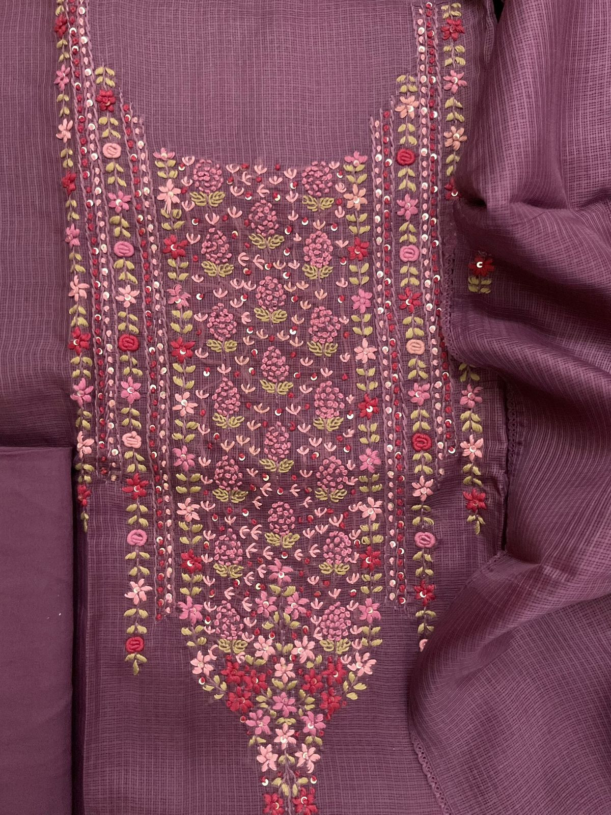 Soft Kota Silk Embroidered Suit - Peacock Pink