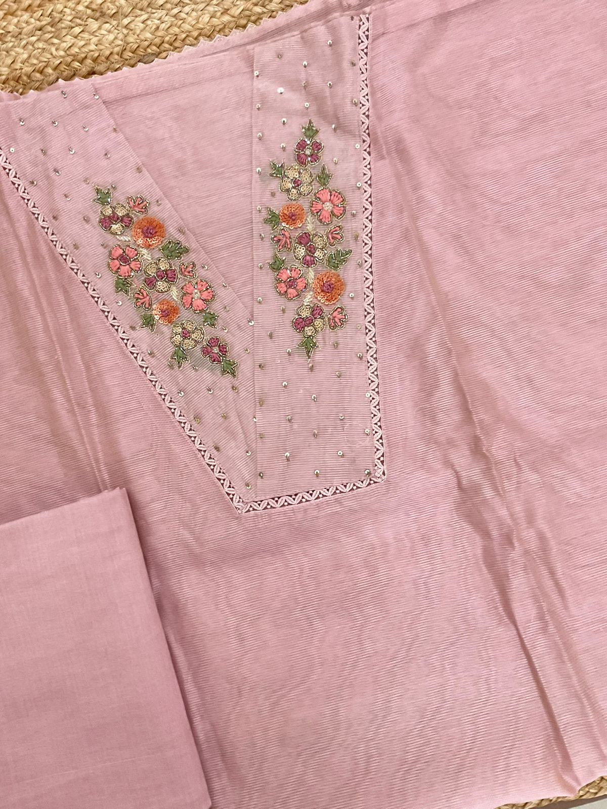 Soft Fine Supernet Embroidered Suit - Pink