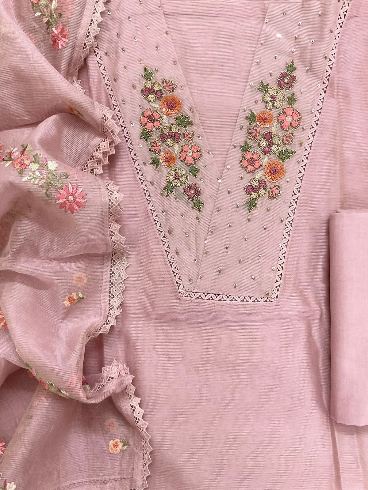 Soft Fine Supernet Embroidered Suit - Pink