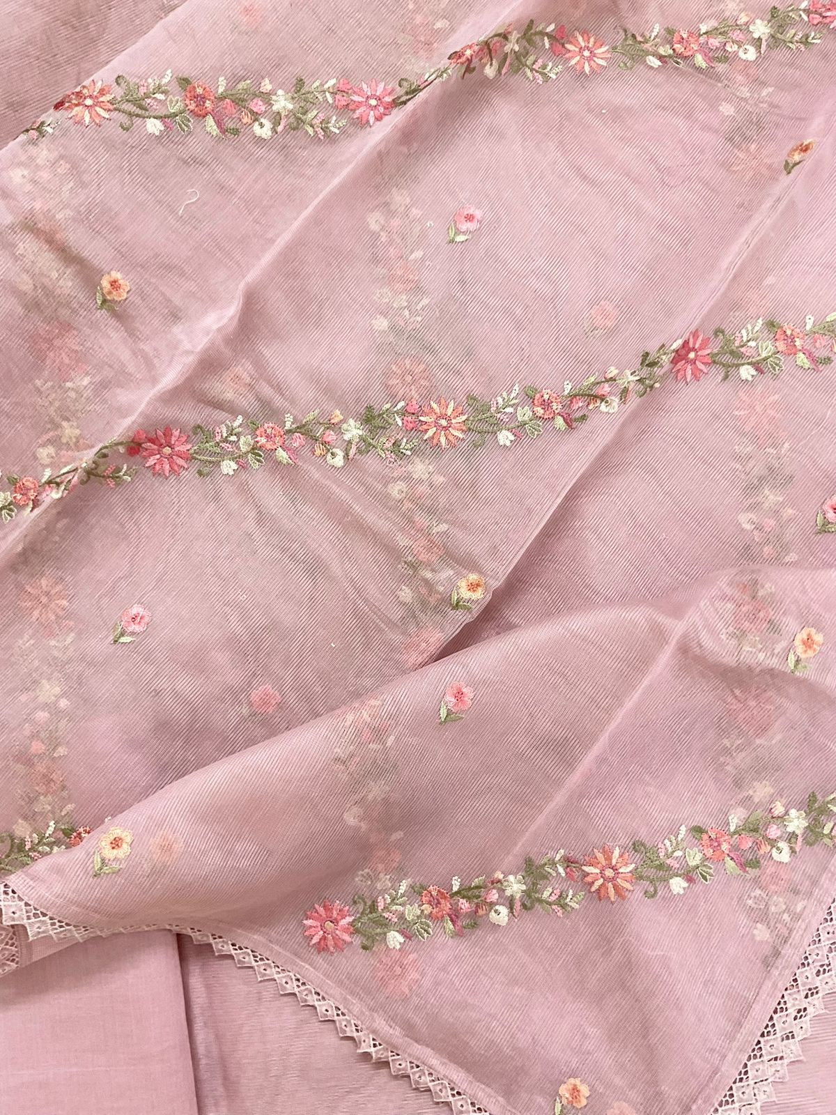 Soft Fine Supernet Embroidered Suit - Pink