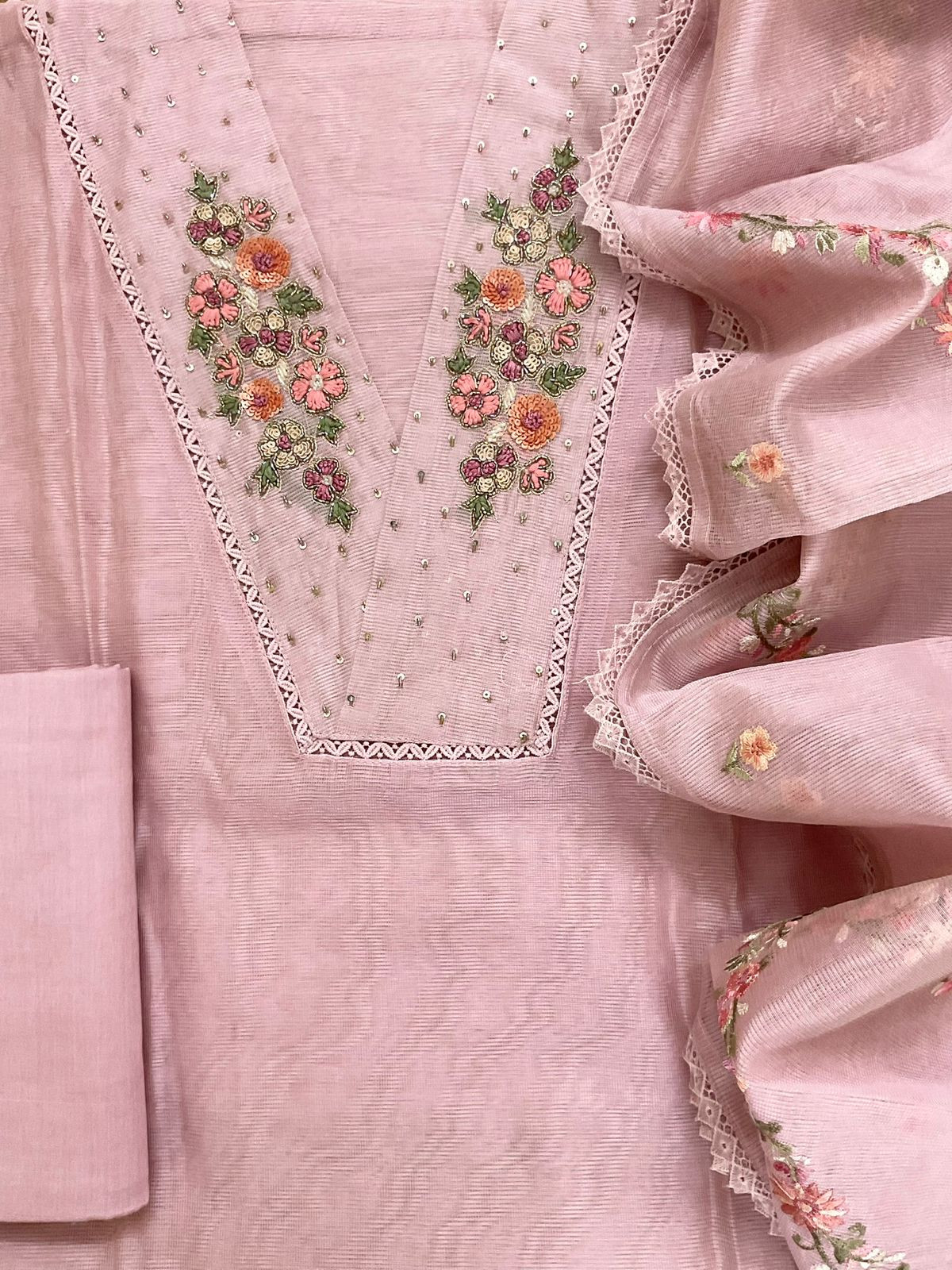 Soft Fine Supernet Embroidered Suit - Pink