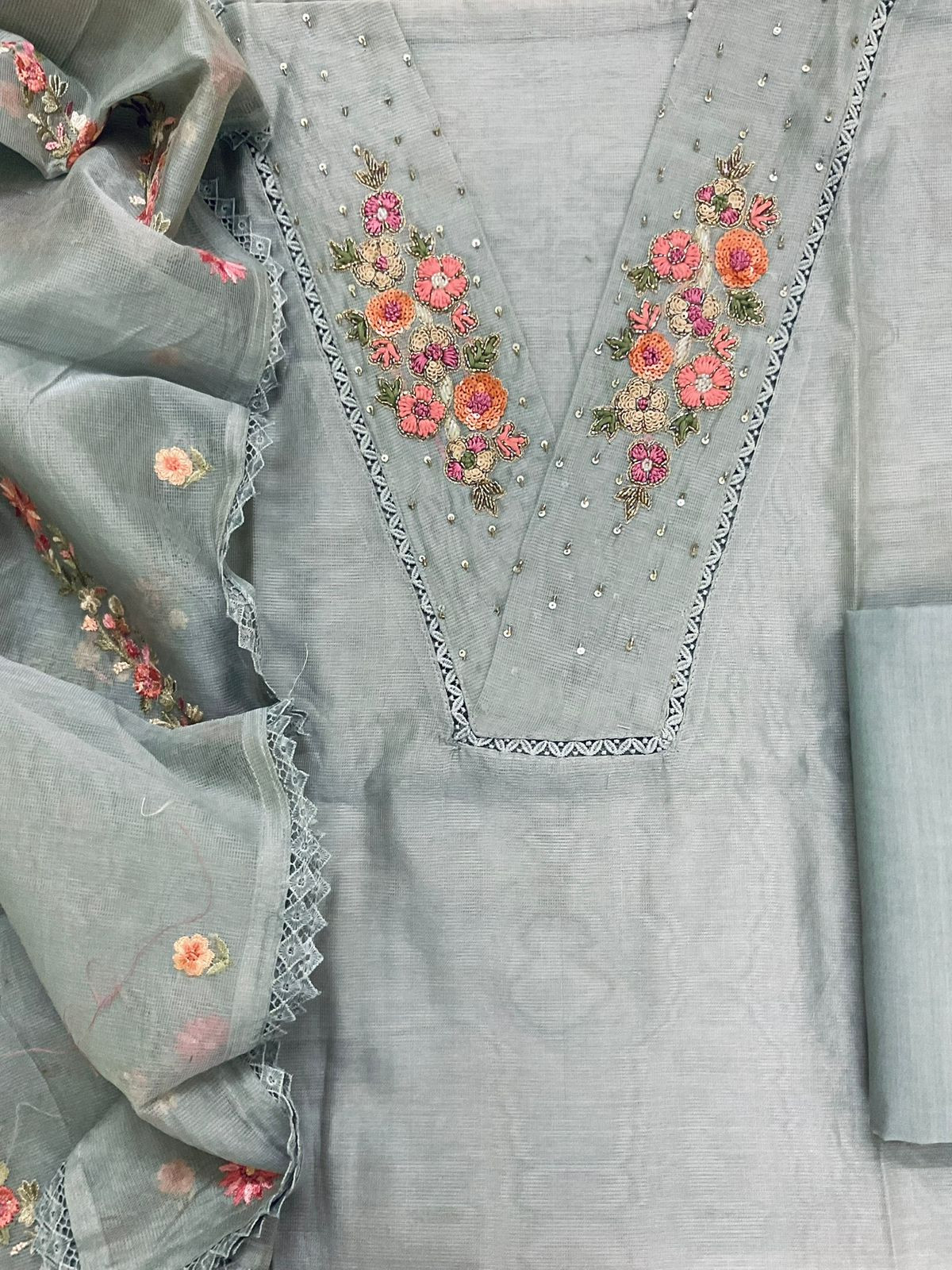 Soft Fine Supernet Embroidered Suit - Grey