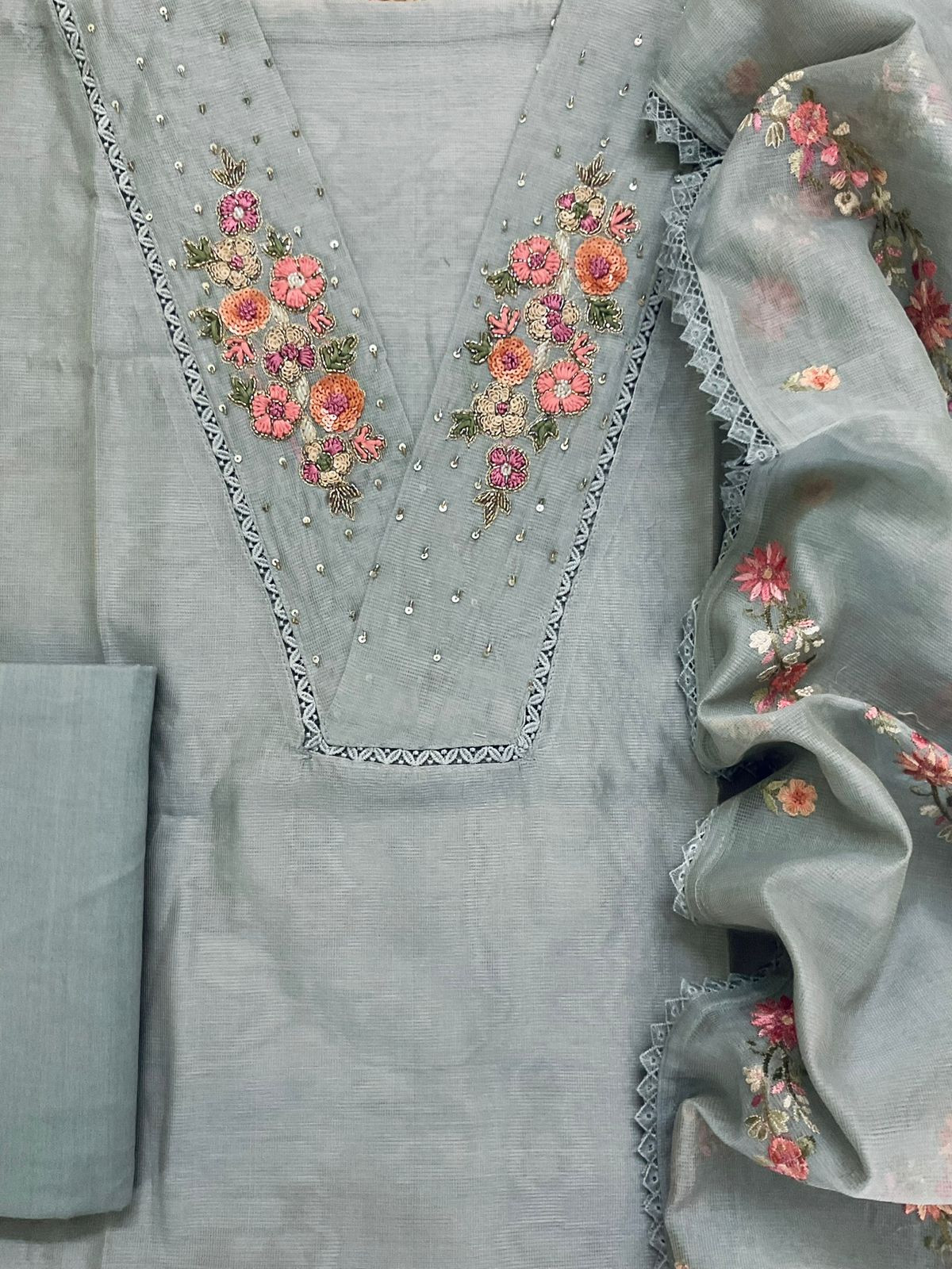 Soft Fine Supernet Embroidered Suit - Grey