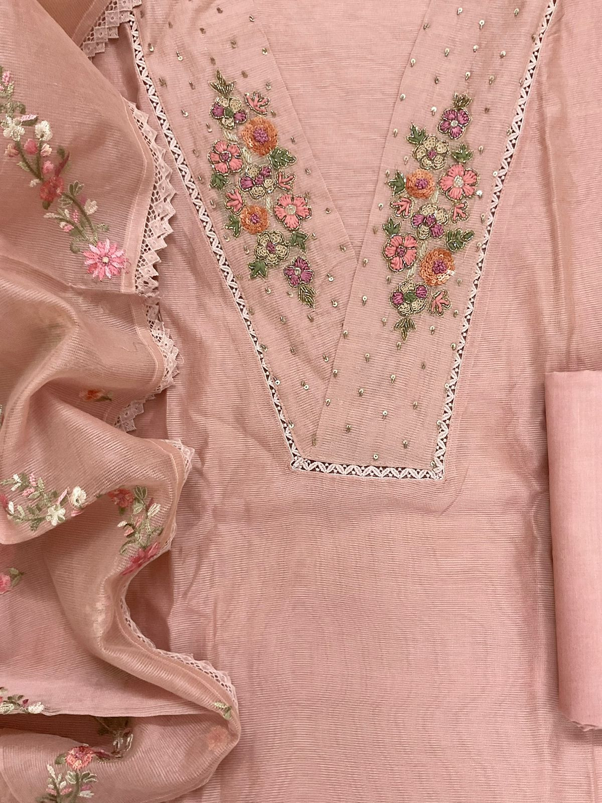 Soft Fine Supernet Embroidered Suit - Peach