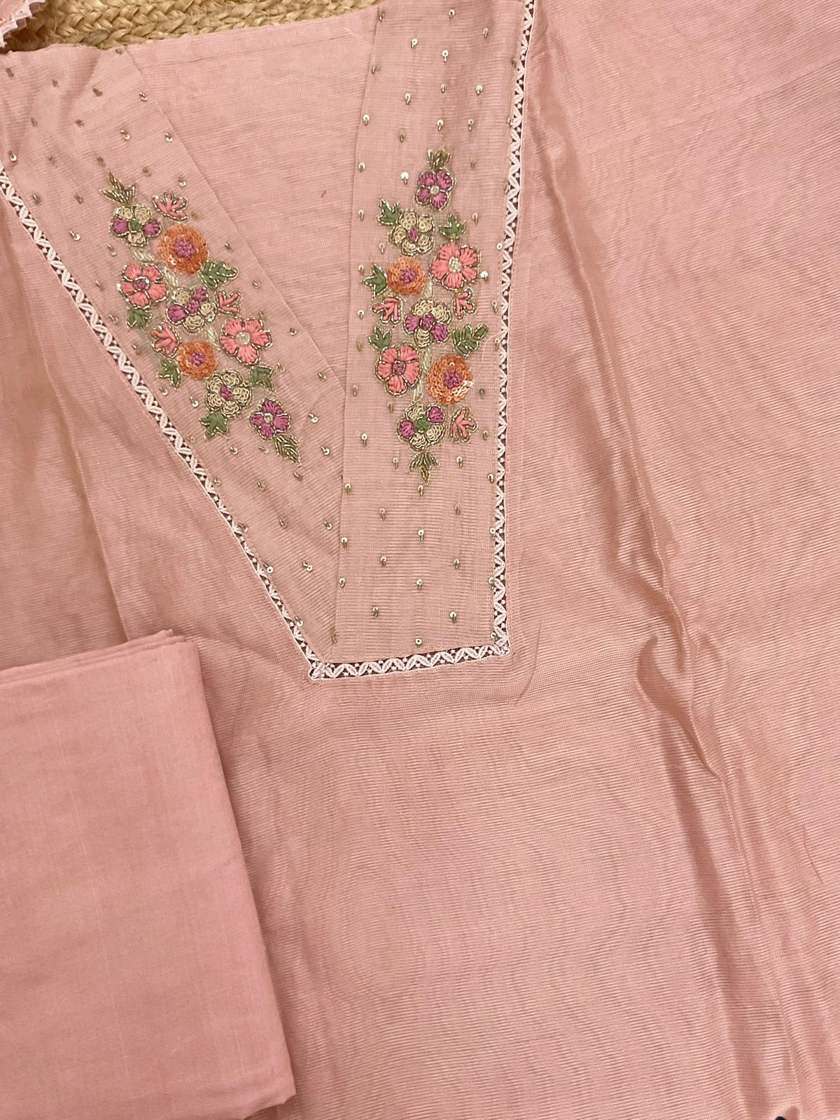 Soft Fine Supernet Embroidered Suit - Peach